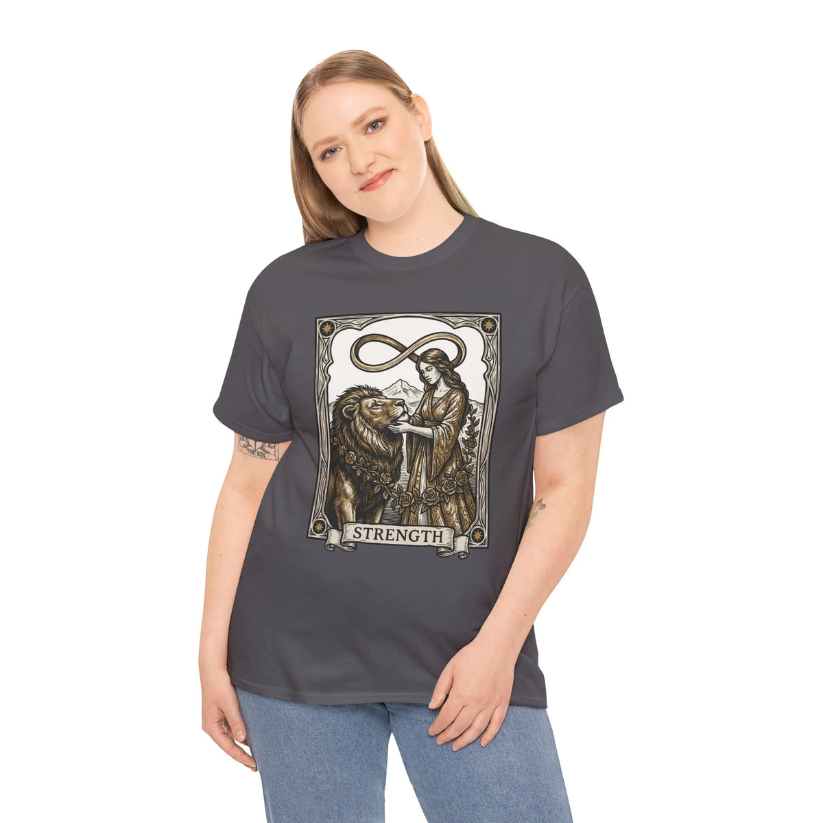Tarot Strength Card Graphic T-Shirt - Heavy Cotton Classic Fit Crewneck - Unisex White