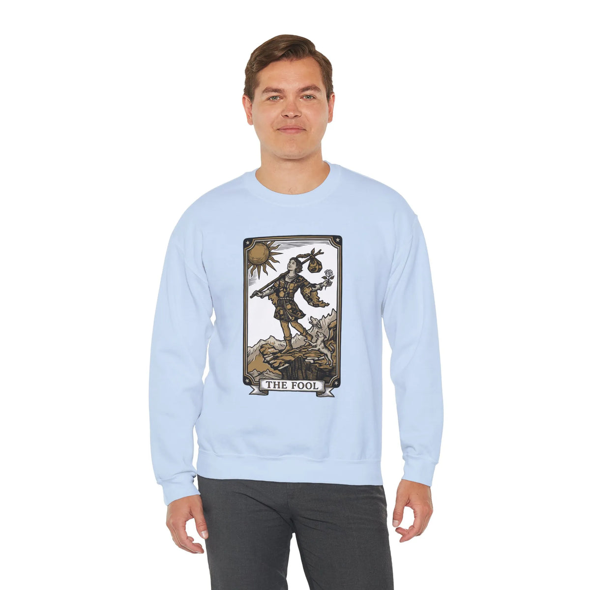The Fool Tarot Card Graphic Sweatshirt - Heavy Blend Crewneck Fleece - Unisex White