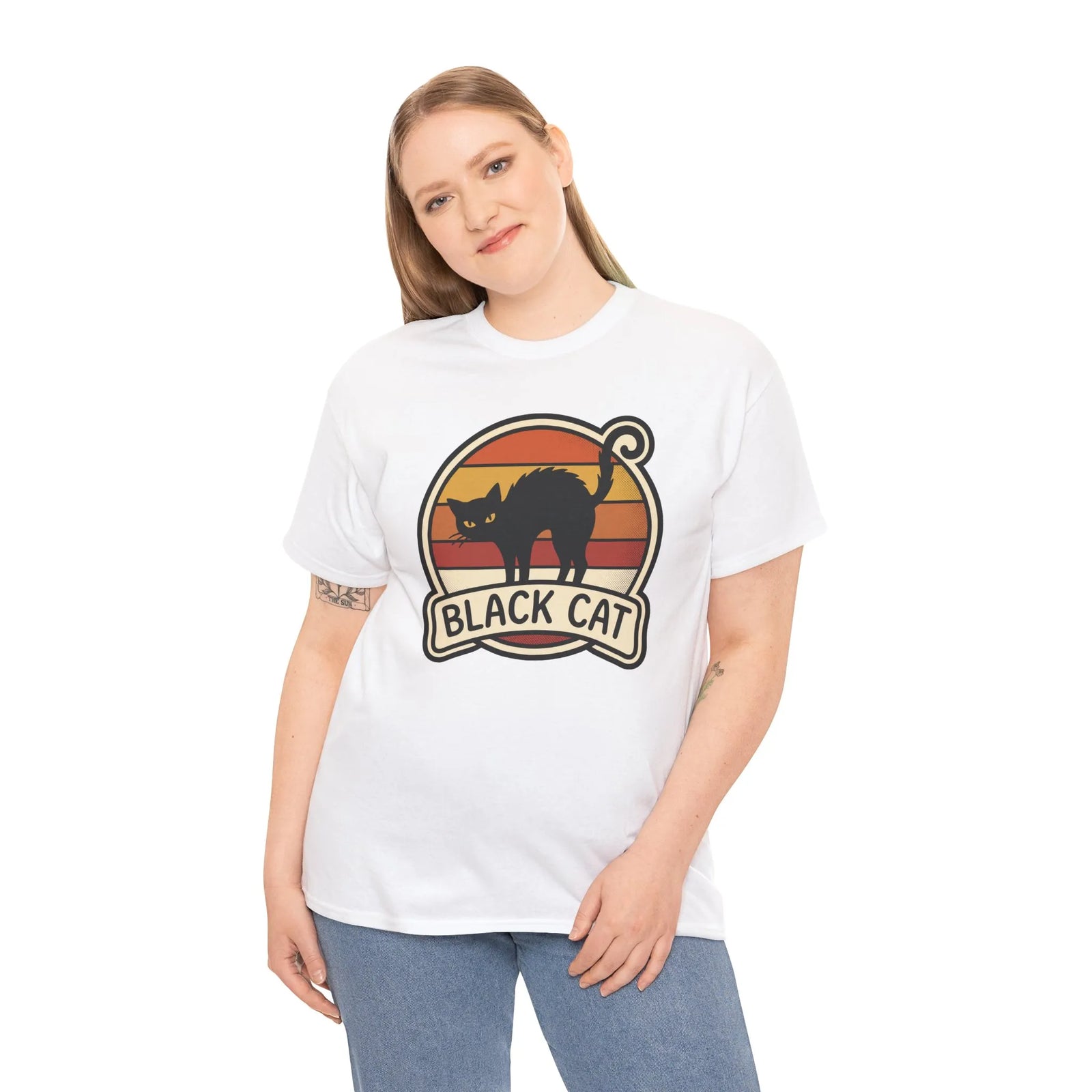 Black Cat Retro Sunset T-Shirt - Heavyweight 100% Cotton Classic Tee - Unisex White