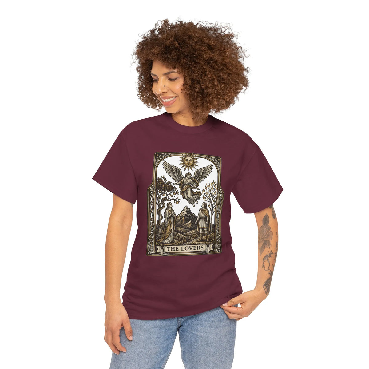 The Lovers Tarot Card Graphic T-Shirt - Heavy Cotton Classic Fit Tee - Unisex White