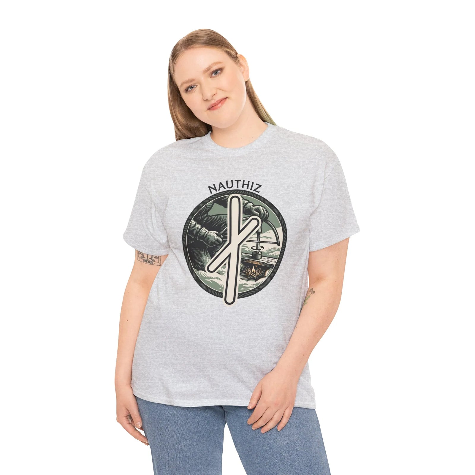 Nauthiz Rune Need Fire T-Shirt - Heavyweight Classic Fit Cotton Tee - Unisex White