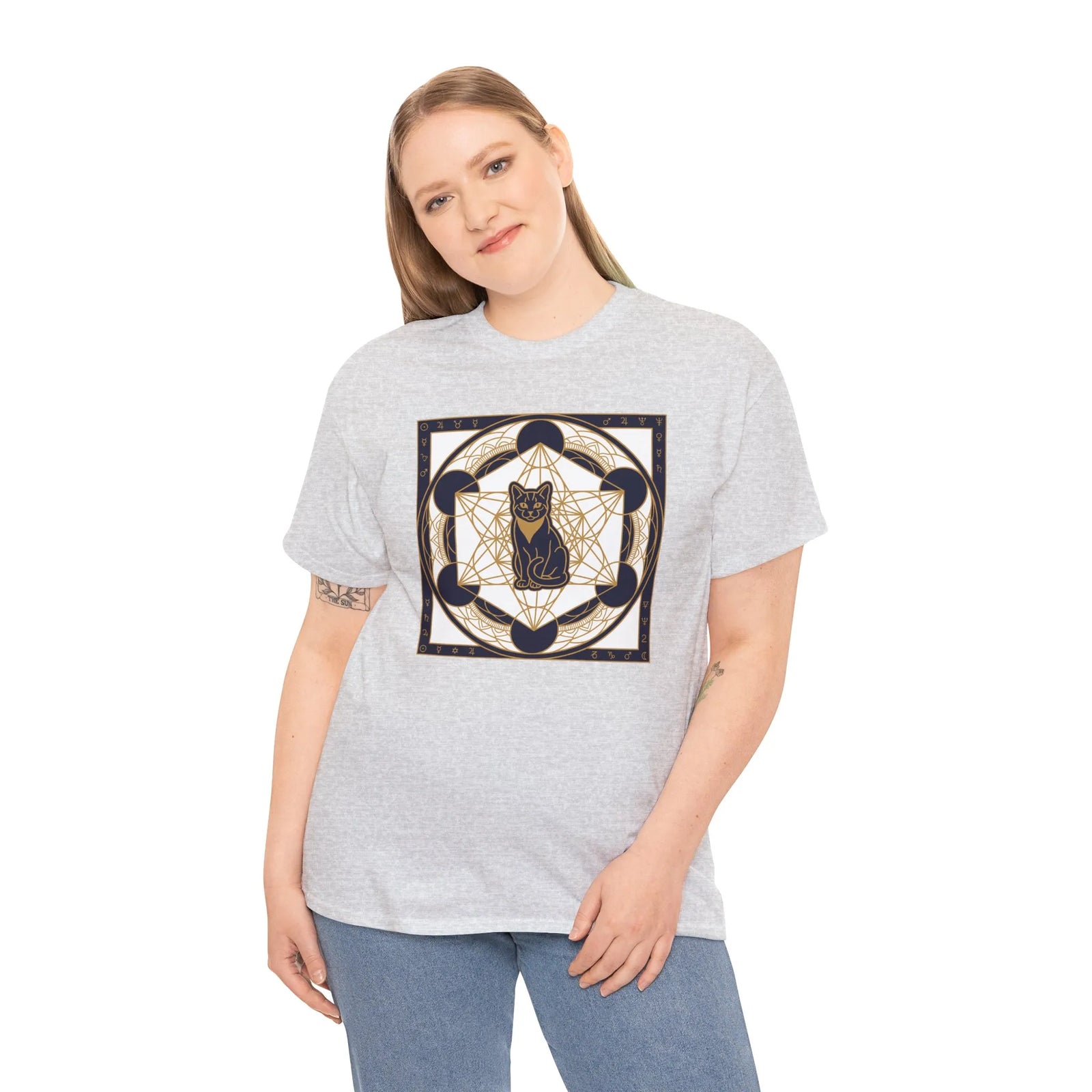 Metatron's Cat Sacred Geometry T-Shirt - Heavyweight Cotton Classic Fit Tee - Unisex White