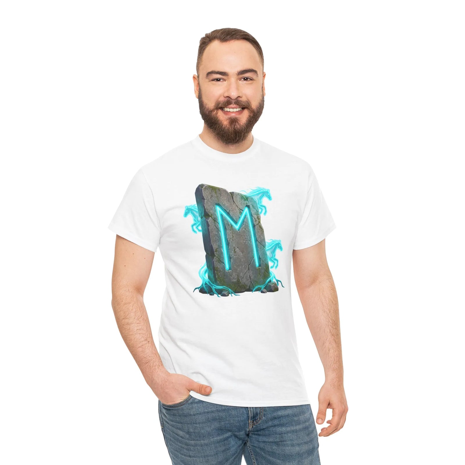Ehwaz Rune Twin Horse T-Shirt - Heavyweight 100% Cotton Classic Tee - Unisex White