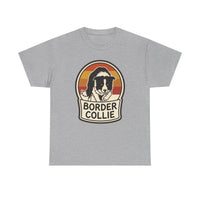 Border Collie Retro 70s Sunset T-Shirt - Heavy Cotton Classic Fit Tee - Unisex White