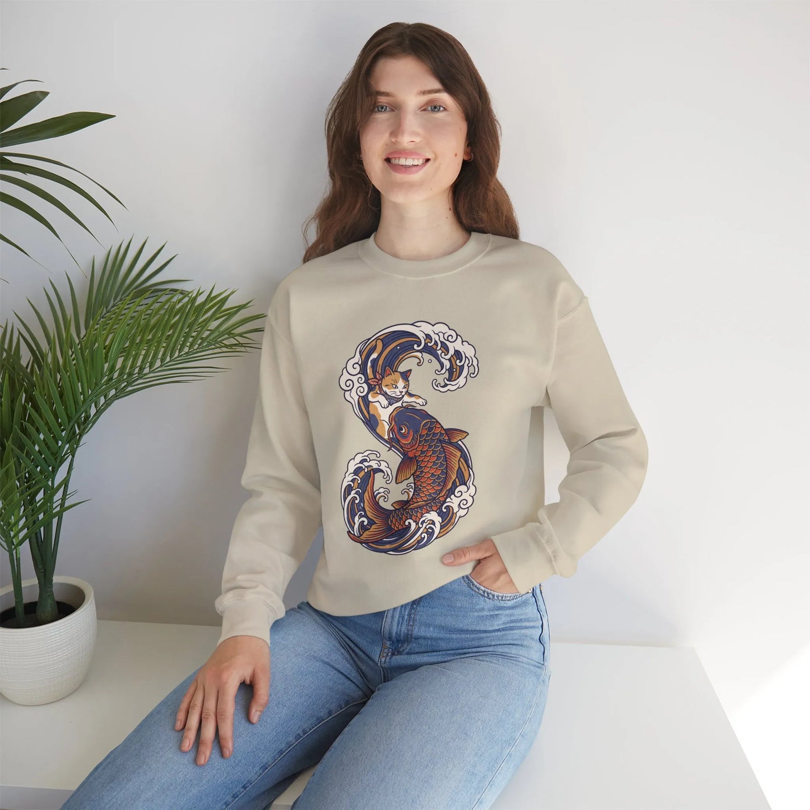Koi Rider Ukiyo-e Samurai Cats Sweatshirt - Heavy Blend Fleece Crewneck - Unisex Ash