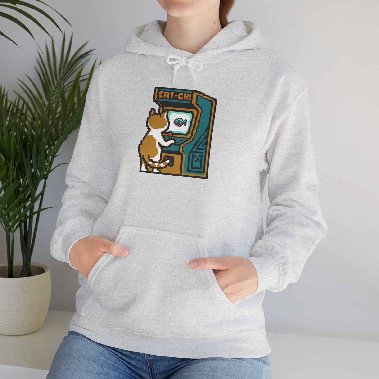 Arcade Gaming Pixel Cat Hoodie - Classic Fit Cotton Blend Pullover - Unisex White