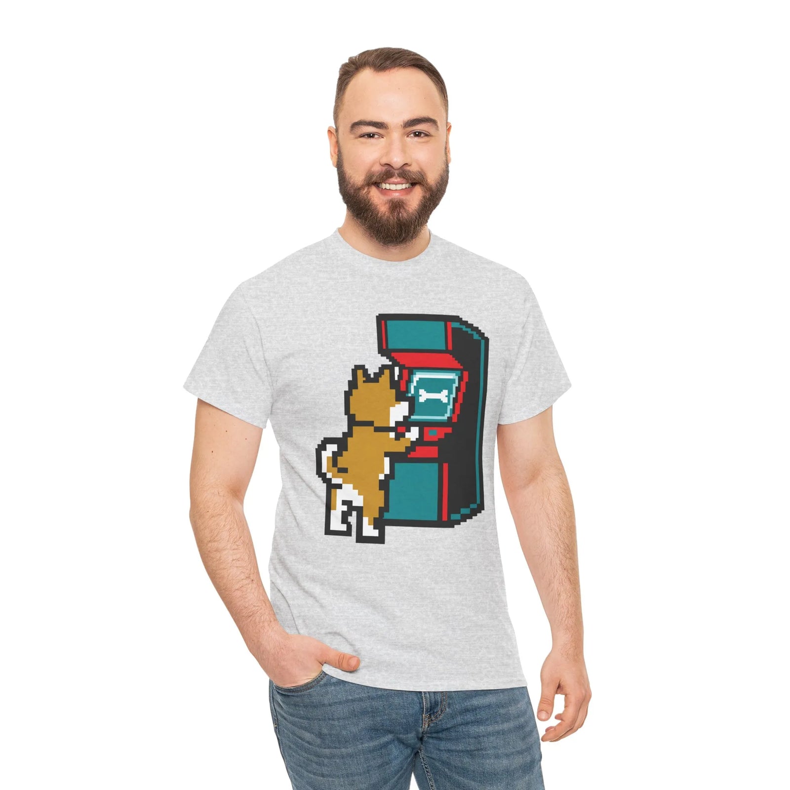 8-Bit Pixel Gaming Dog T-Shirt - Heavyweight Cotton Classic Fit Tee - Unisex White