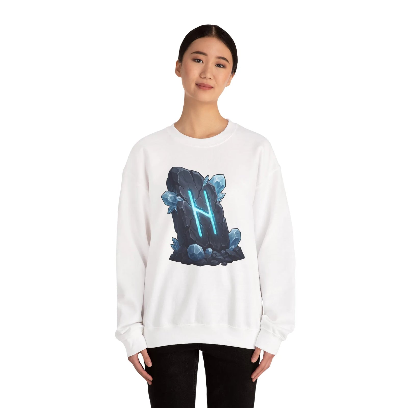 Hagalaz Rune Stone Graphic Sweatshirt - Heavy Blend Fleece Crewneck - Unisex White
