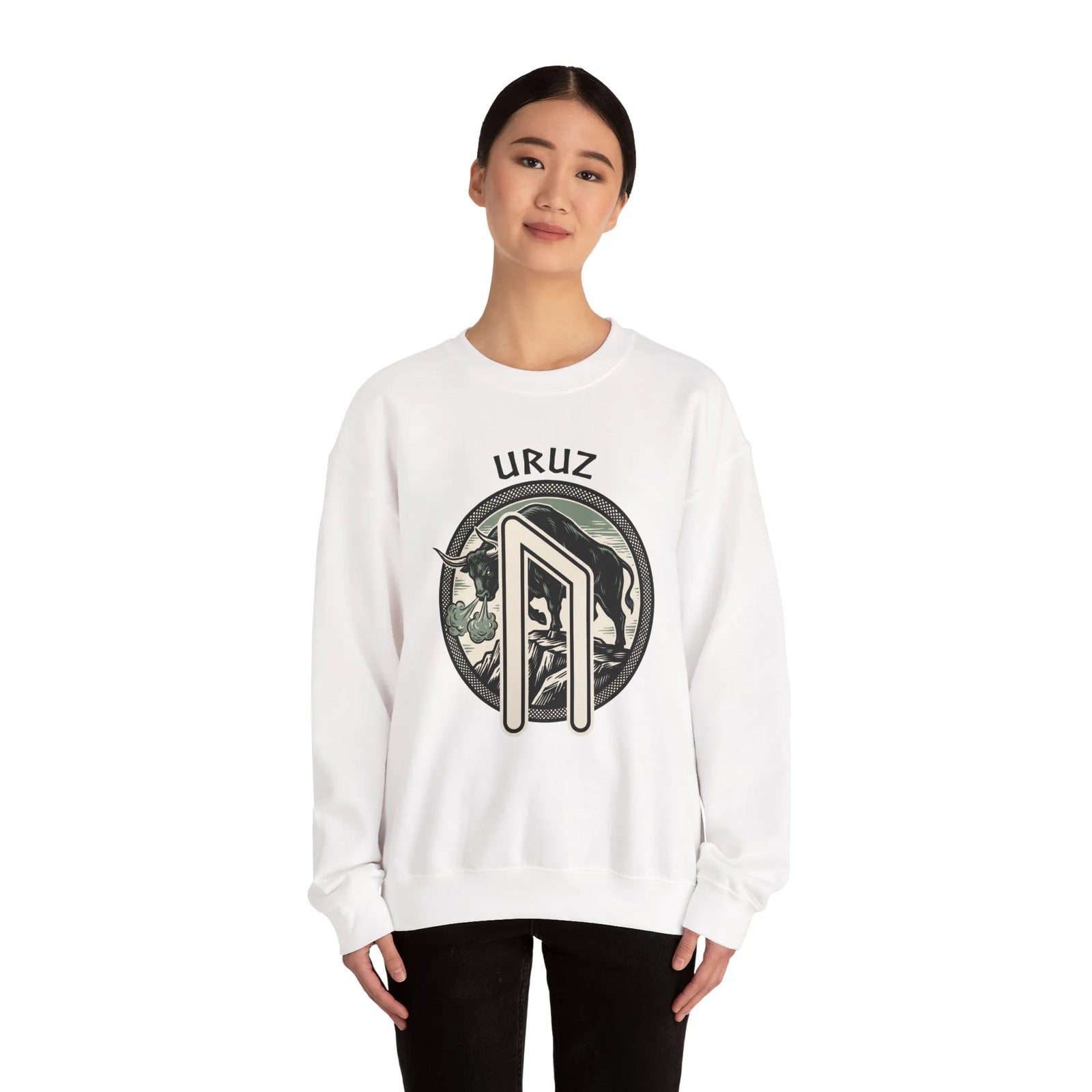 Uruz Rune Bull Norse Mythology Sweatshirt - Heavy Blend Cotton Poly Crewneck - Unisex White
