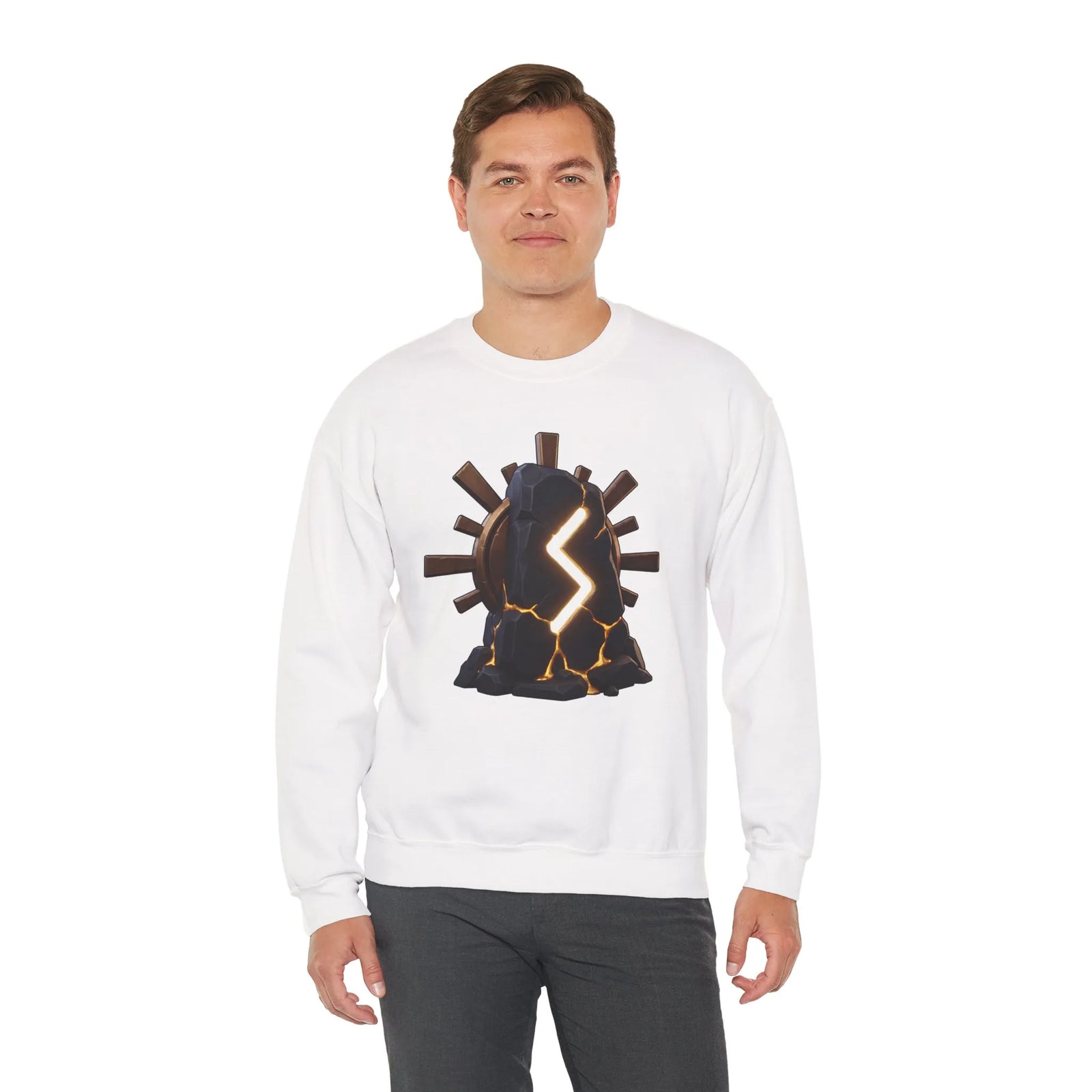 Sowulo Rune Sun Graphic Sweatshirt - Classic Fit Fleece Crewneck - Unisex White
