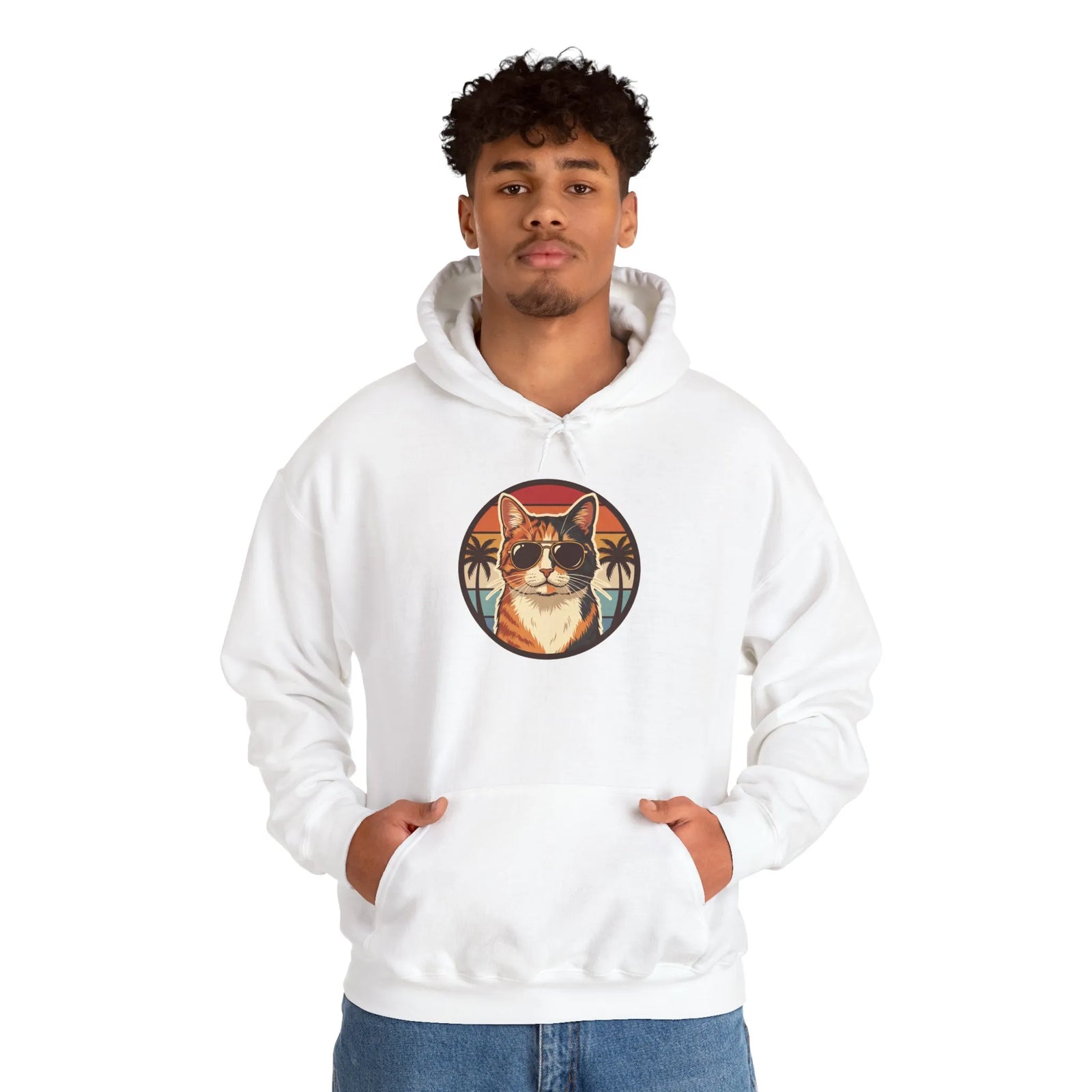 Calico Cat Aviator Sunglasses Hoodie - Heavy Blend Fleece Pullover - Unisex White