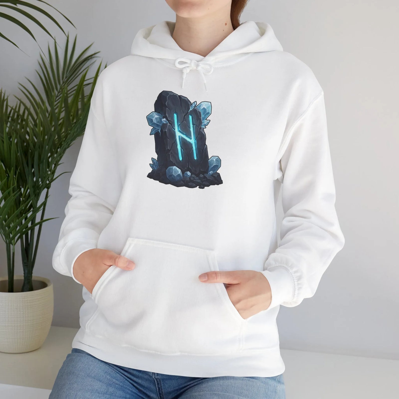 Hagalaz Rune Stone Graphic Hoodie - Heavy Blend Fleece Pullover - Unisex White