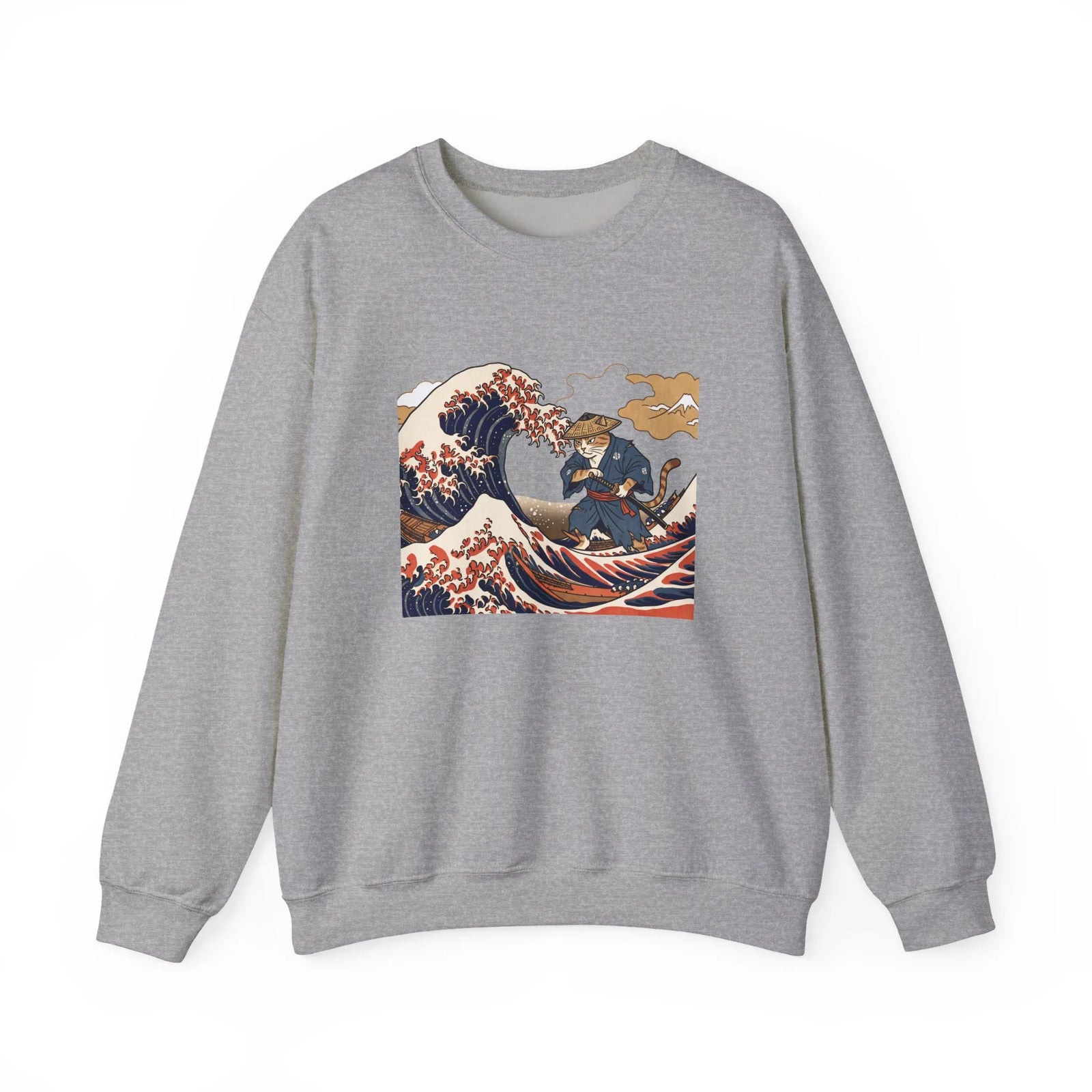 Ukiyo-e Samurai Cat Great Wave Sweatshirt - Heavy Blend Cotton Blend Crewneck - Unisex White