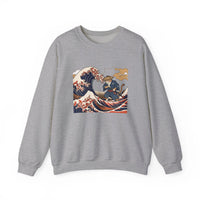 Ukiyo-e Samurai Cat Great Wave Sweatshirt - Heavy Blend Cotton Blend Crewneck - Unisex White