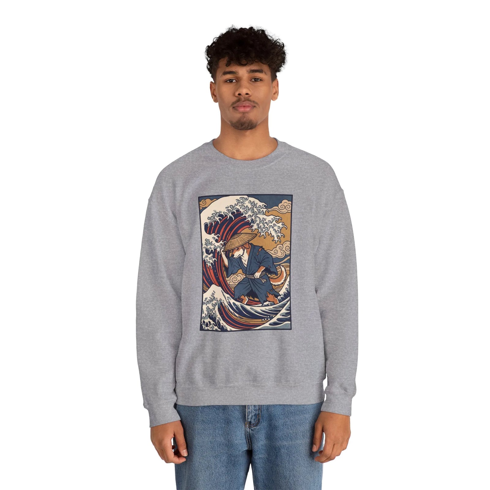 Ronin Wave Ukiyo-e Samurai Dog Sweatshirt - Heavyweight Cotton Blend Crewneck - Unisex White