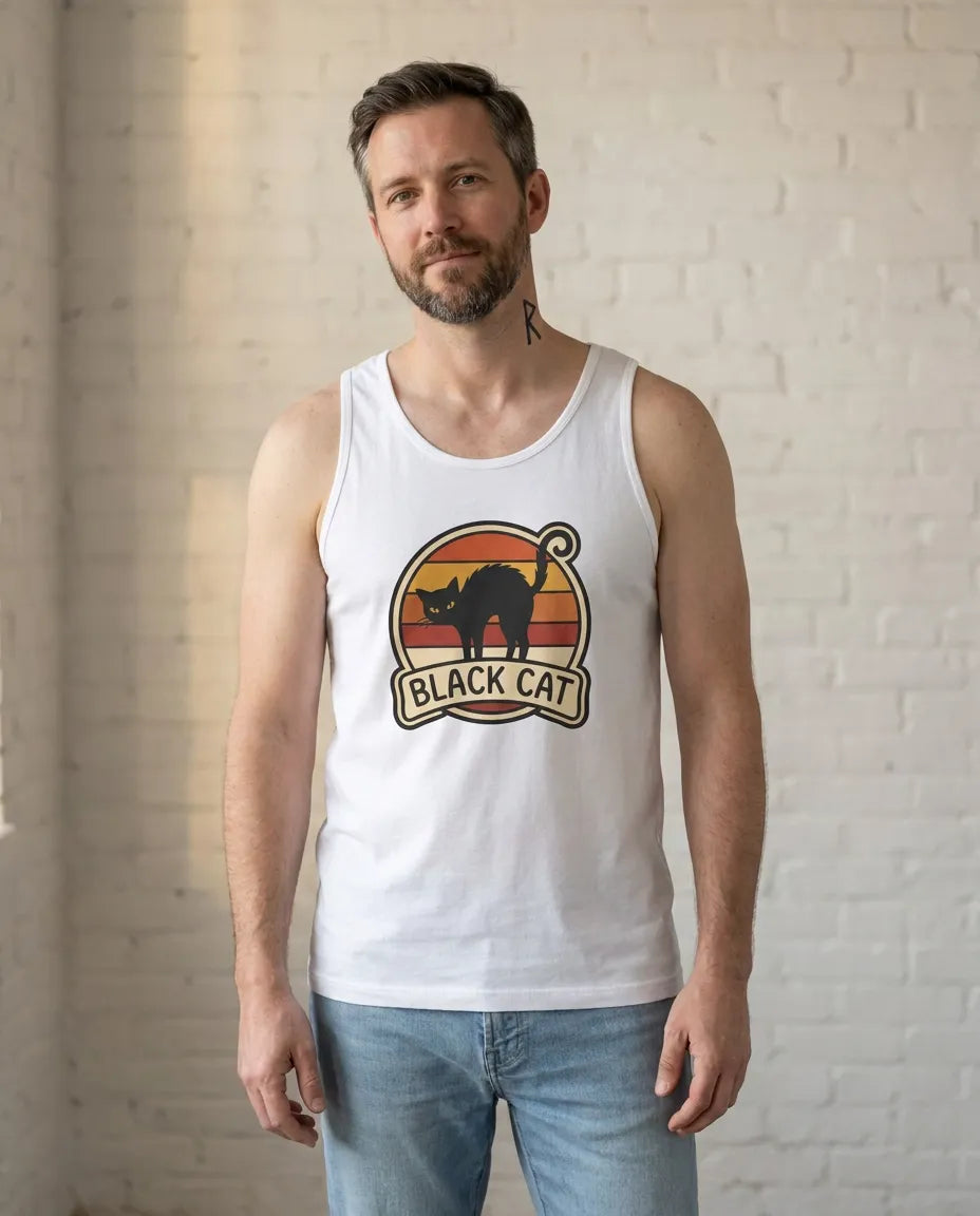 Black Cat Retro 70s Sunset Tank Top - Soft Combed Cotton Jersey - Unisex White