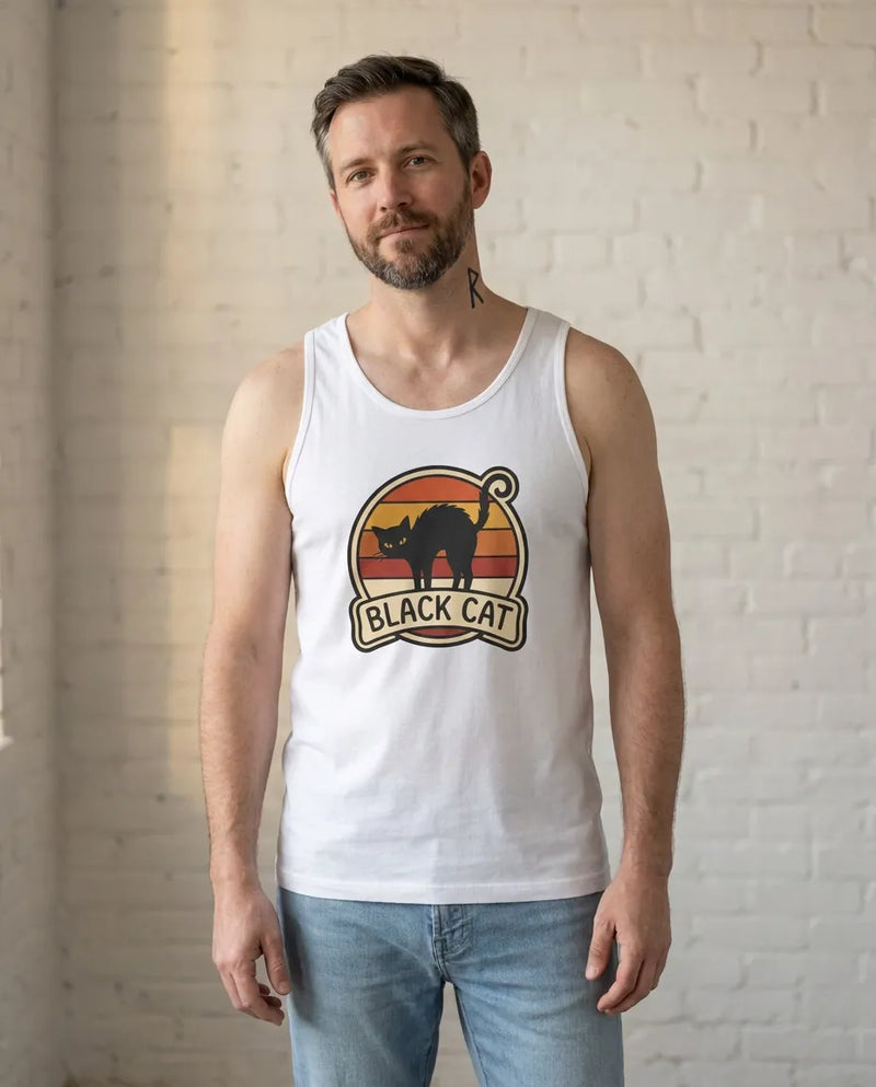 Black Cat Retro 70s Sunset Tank Top - Soft Combed Cotton Jersey - Unisex White