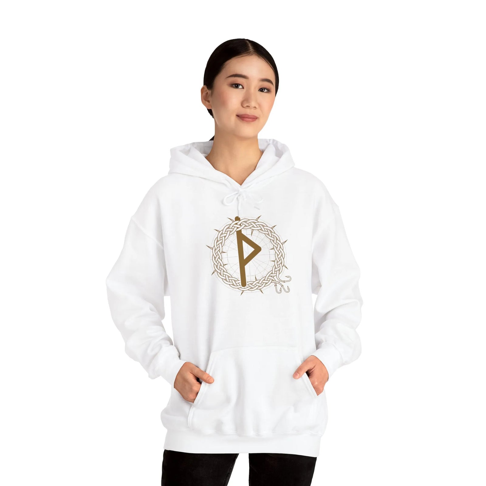 Thurisaz Rune Thorn Defense Hoodie - Heavy Blend Fleece Pullover - Unisex White