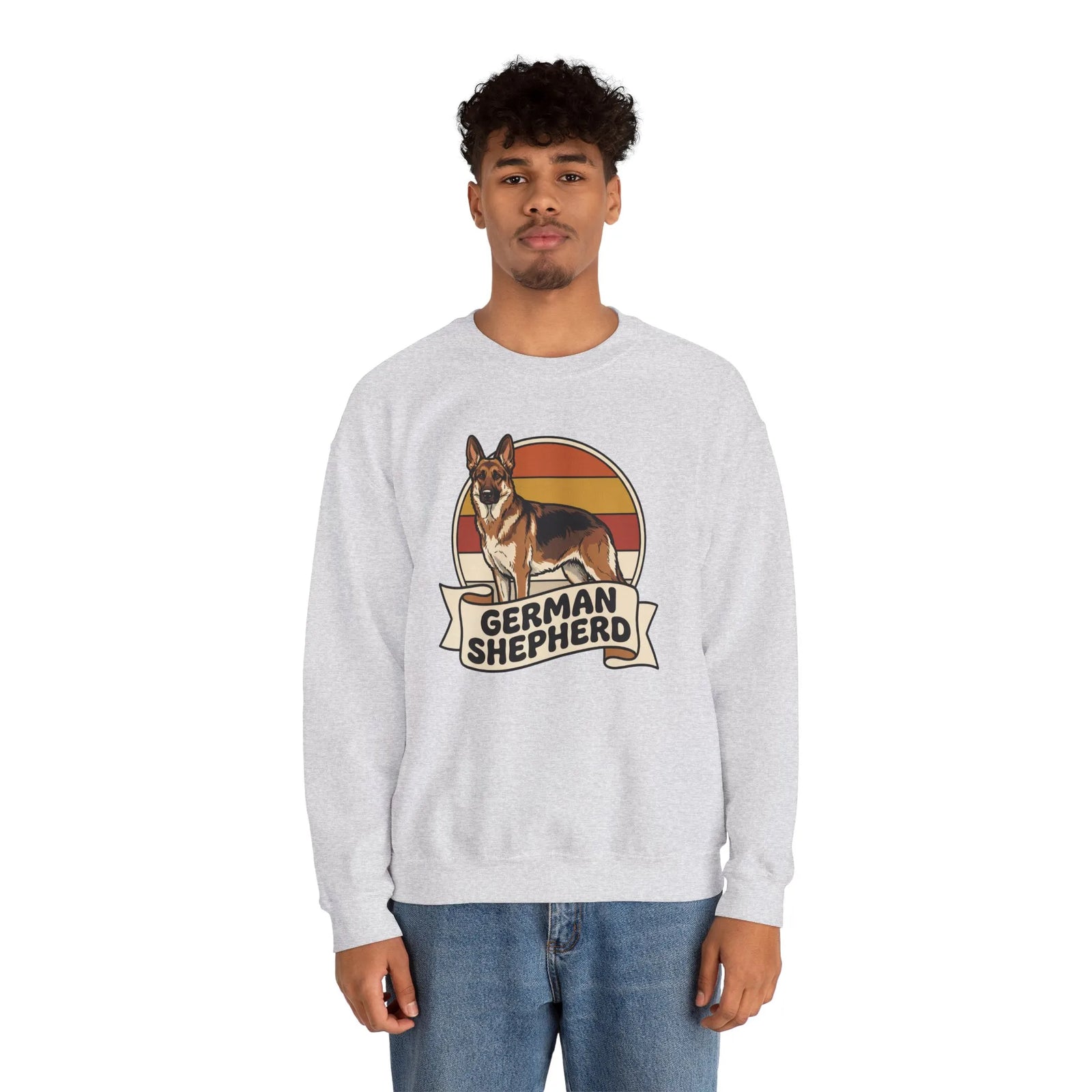 German Shepherd Retro 70s Sunset Sweatshirt - Heavy Blend Cotton Blend Crewneck - Unisex White
