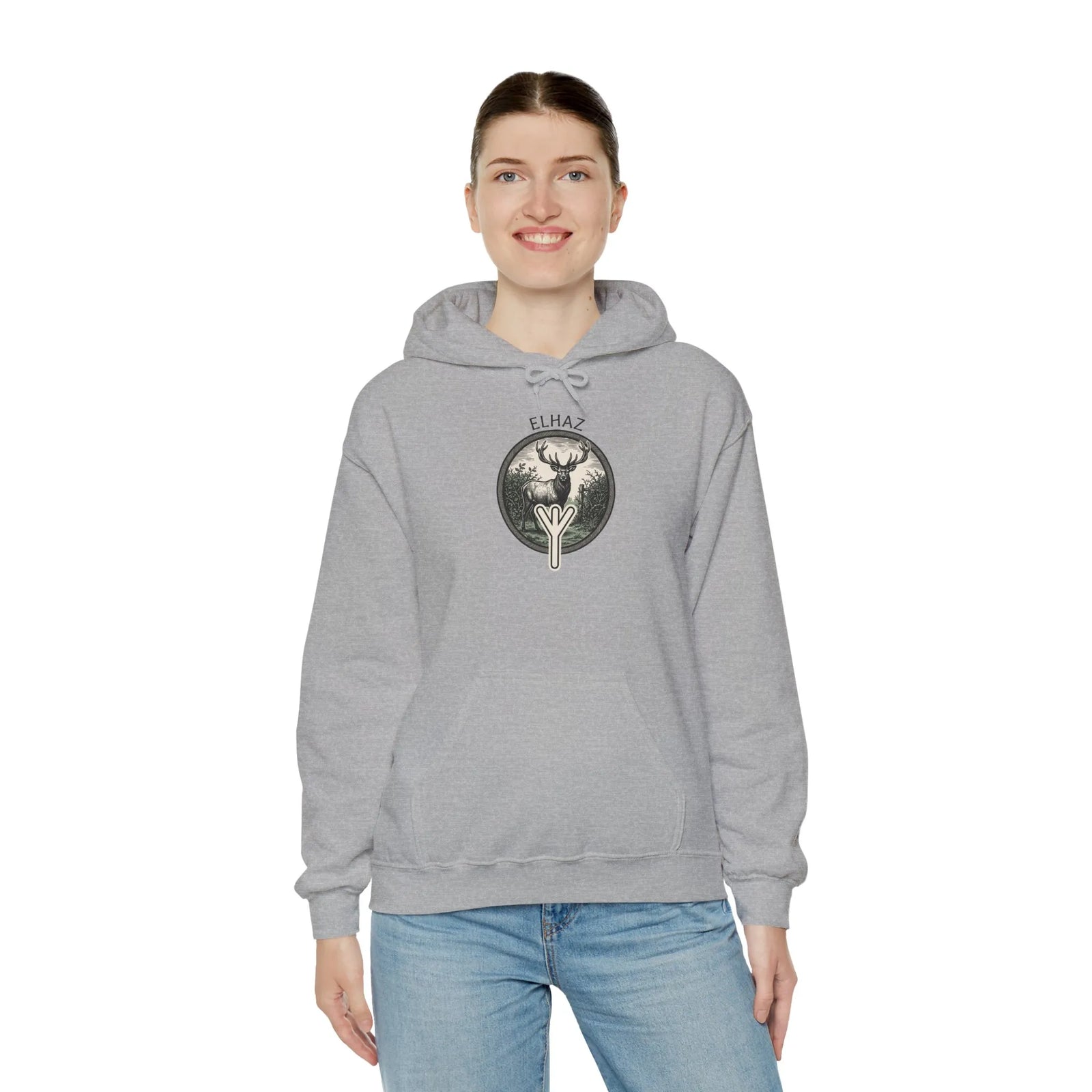 Elhaz Rune Deer Forest Graphic Hoodie - Heavy Blend Fleece Pullover - Unisex White