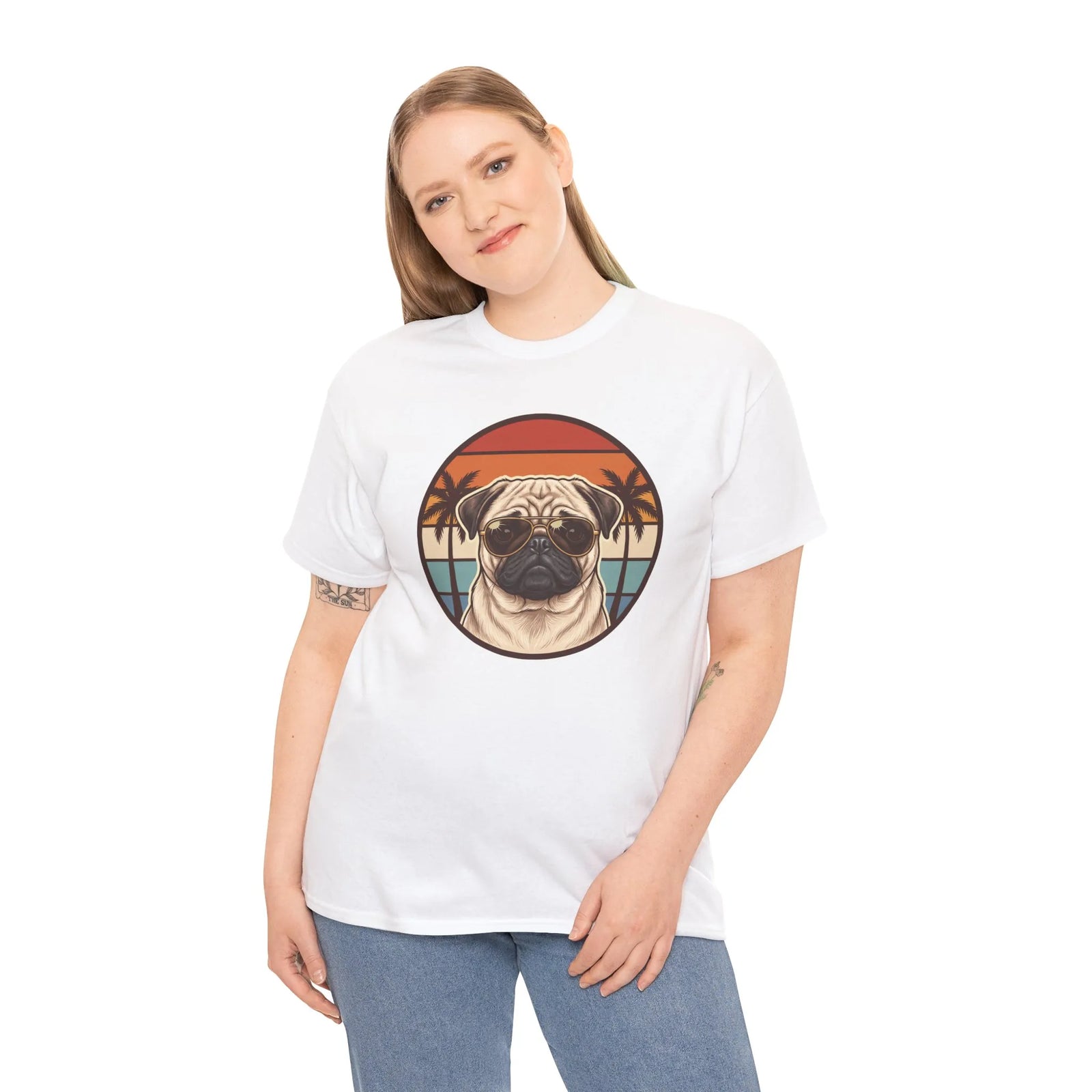 Pug Aviator 70s Sunset Graphic T-Shirt - Heavyweight Cotton Classic Fit Tee - Unisex White