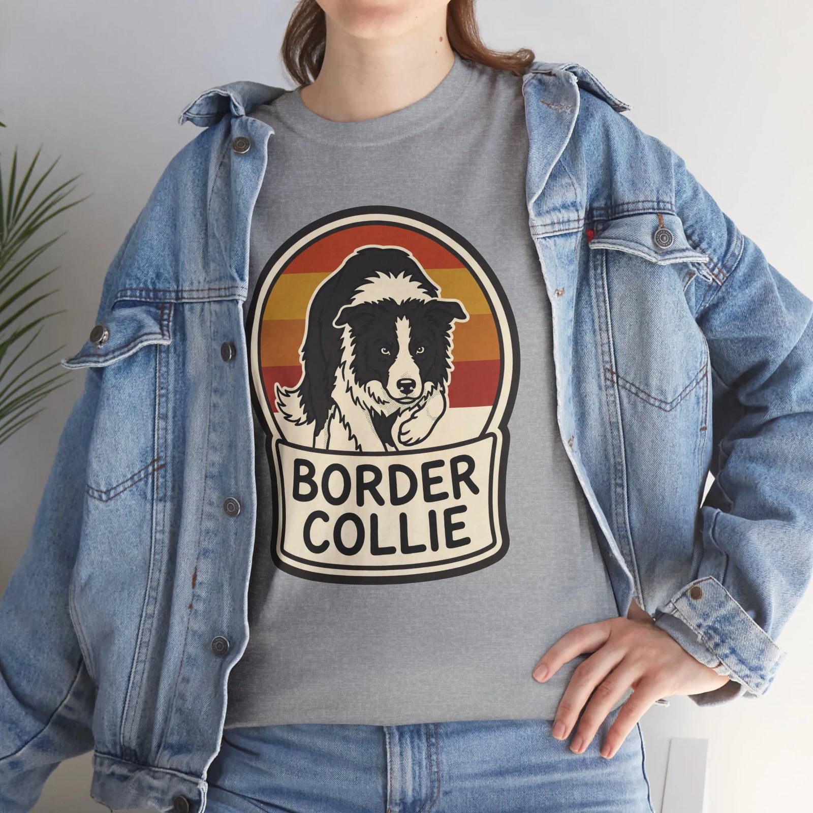 Border Collie Retro 70s Sunset T-Shirt - Heavy Cotton Classic Fit Tee - Unisex White