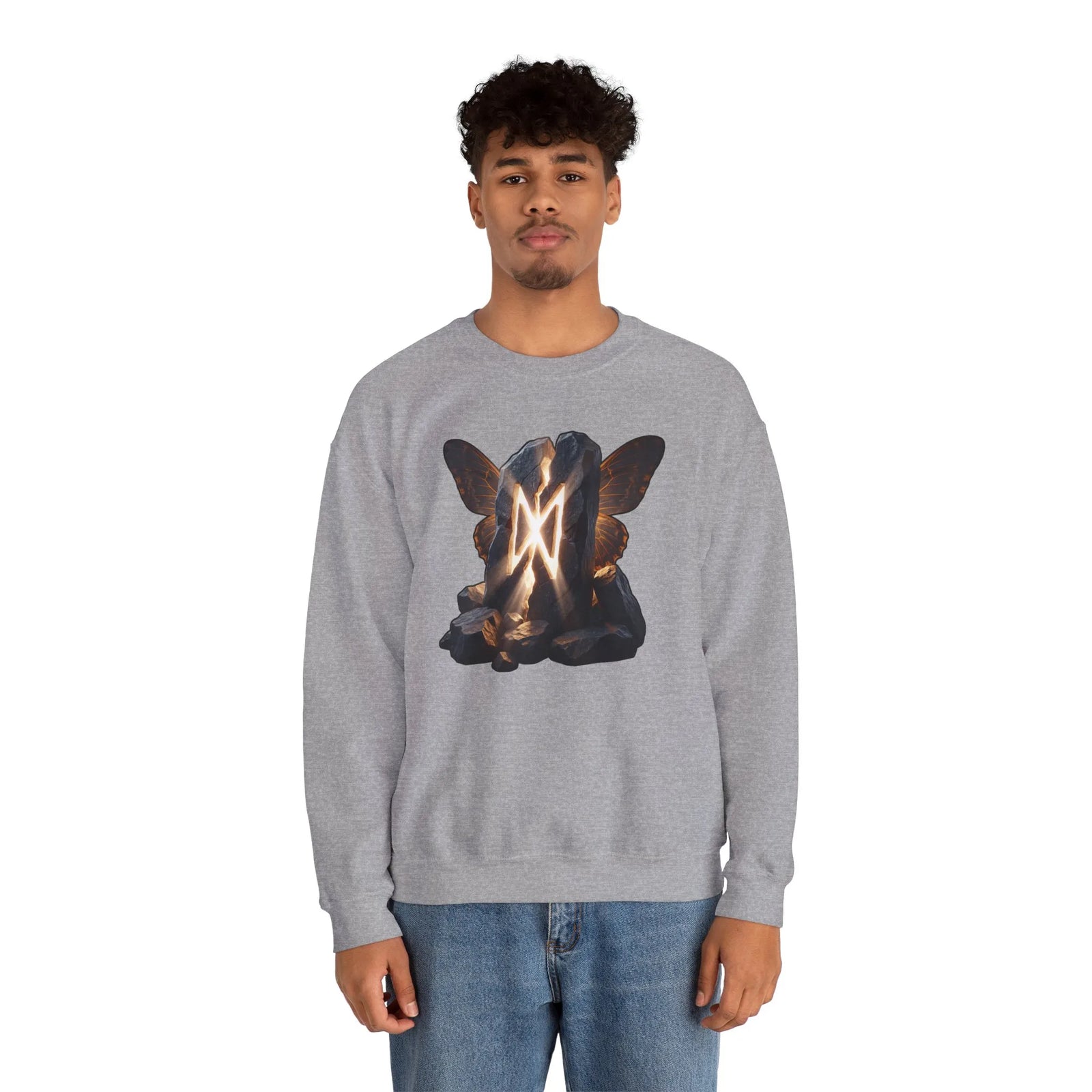 Dagaz Rune Stone Butterfly Sweatshirt - Heavy Blend Cotton Poly Crewneck - Unisex Off-White