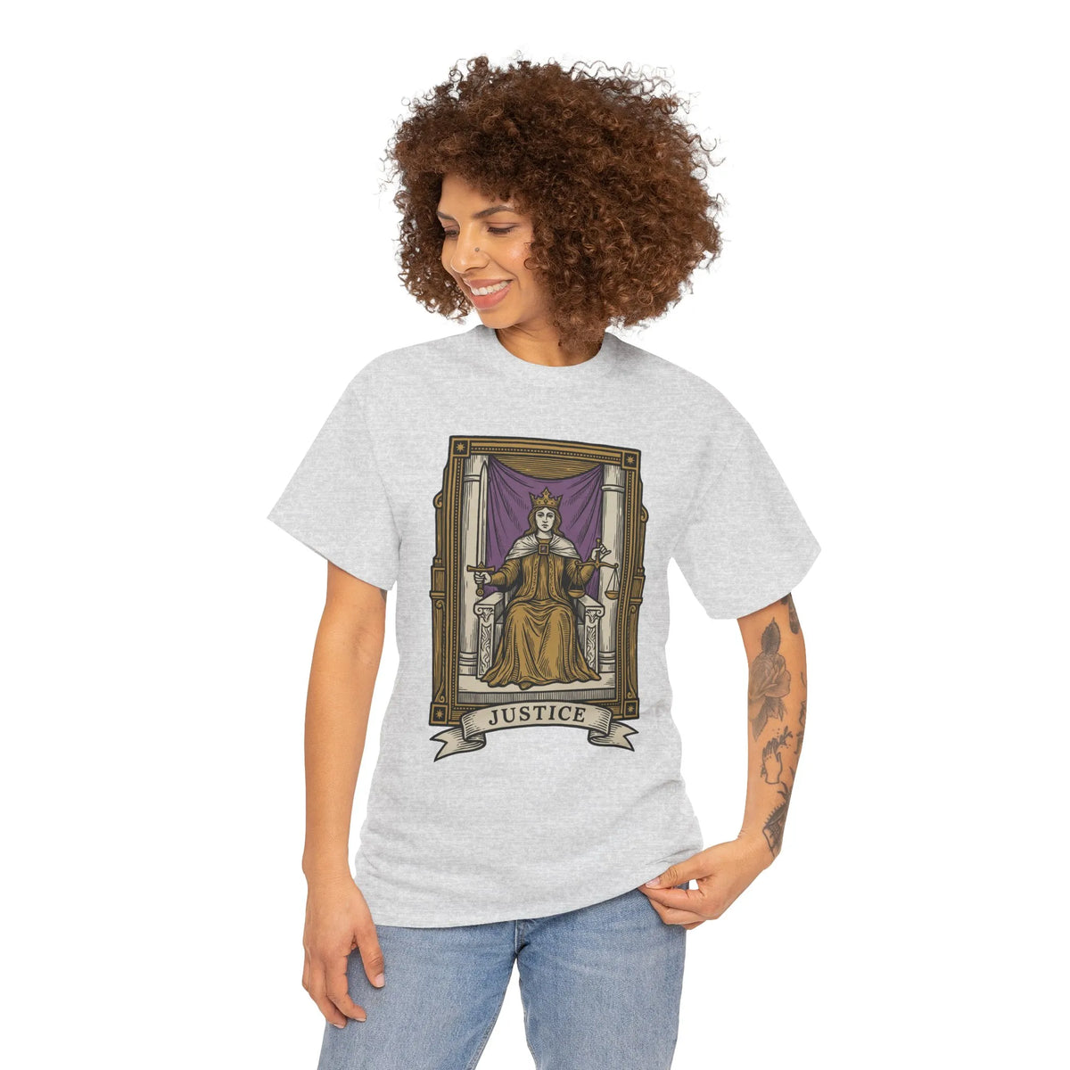 Justice Tarot Card Graphic T-Shirt - Heavy Cotton Classic Fit Tee - Unisex White