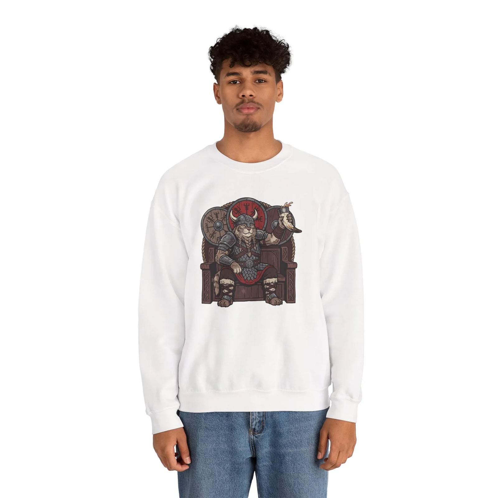Viking Berserker Cats Graphic Sweatshirt - Heavy Blend Classic Fit Crewneck - Unisex White