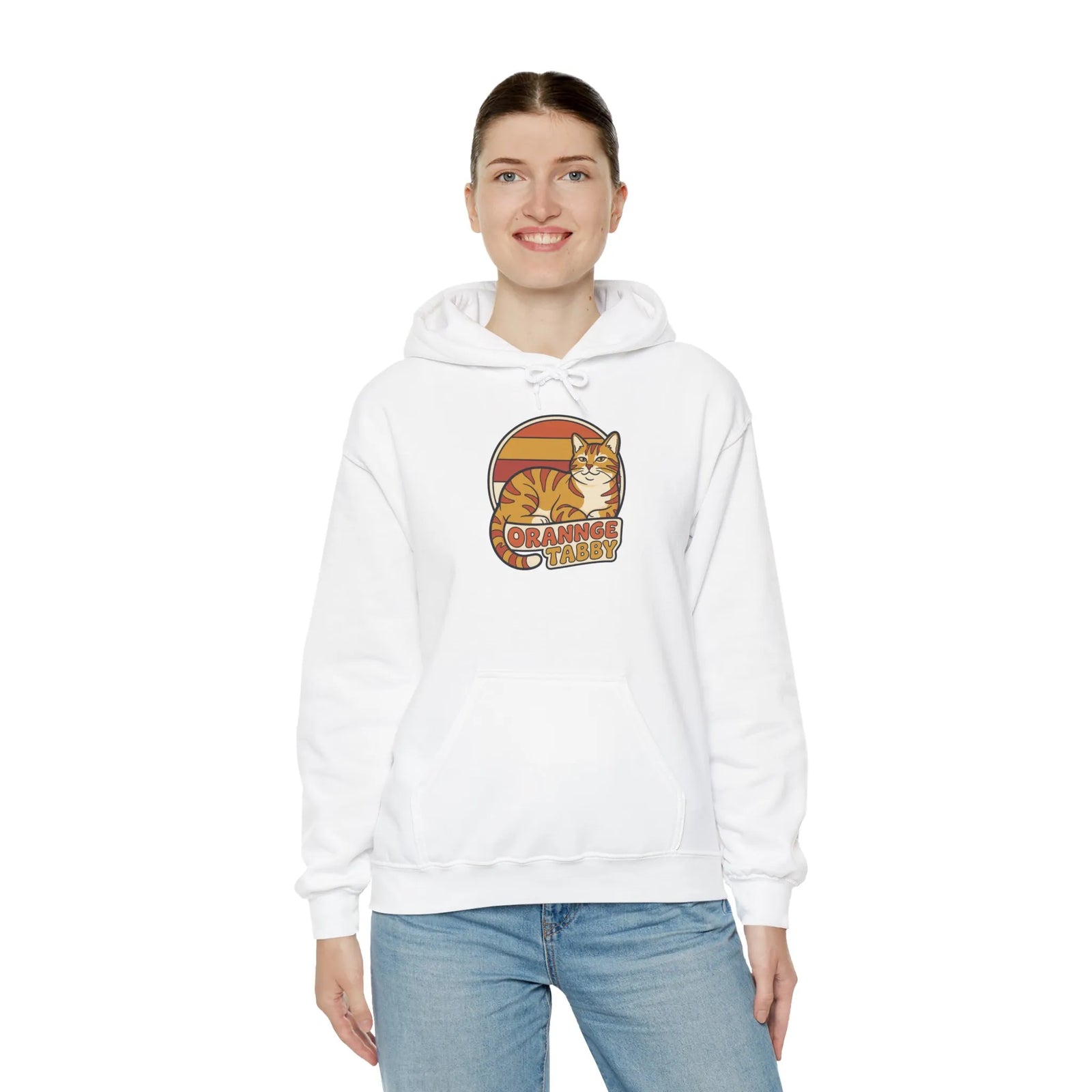 Orange Tabby Retro 70s Sunset Hoodie - Cozy Cotton Blend Pullover - Unisex White