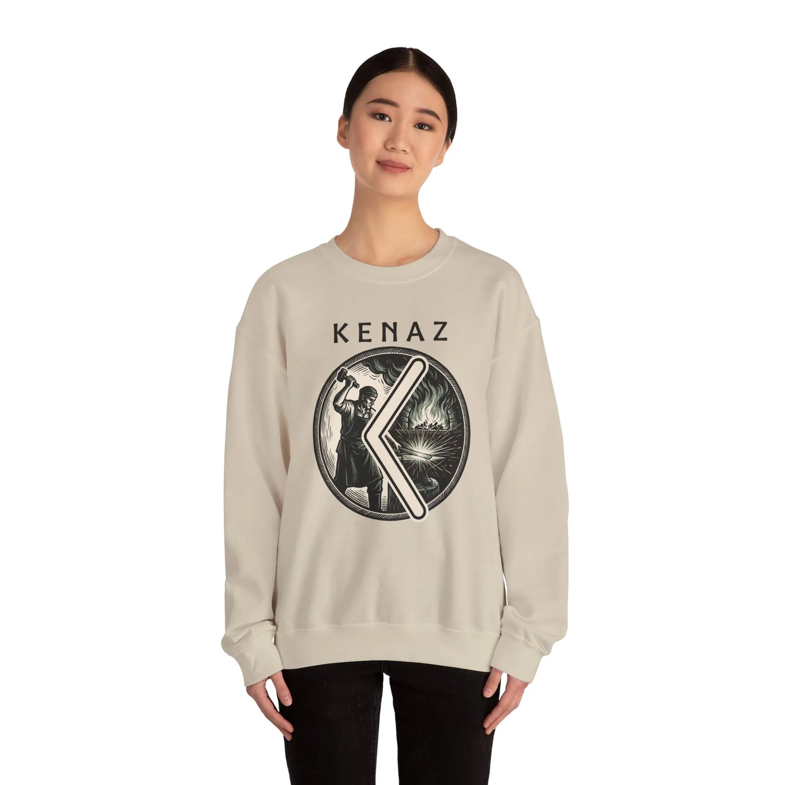 Kenaz Rune Blacksmith Forge Sweatshirt - Soft Cotton Blend Crewneck Fleece - Unisex White