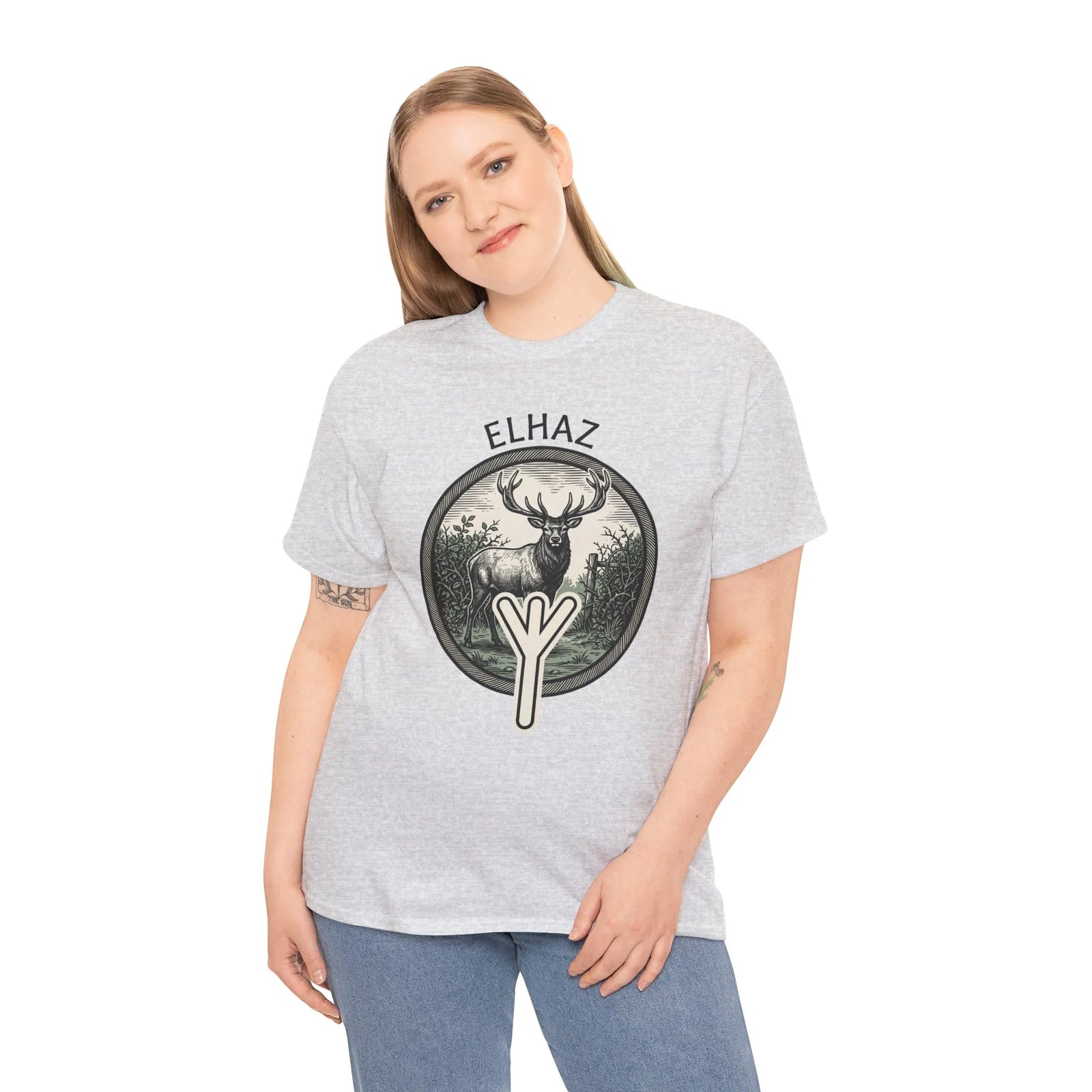 Elhaz Protection Rune Elk Graphic T-Shirt - Heavy Cotton Classic Fit Tee - Unisex White