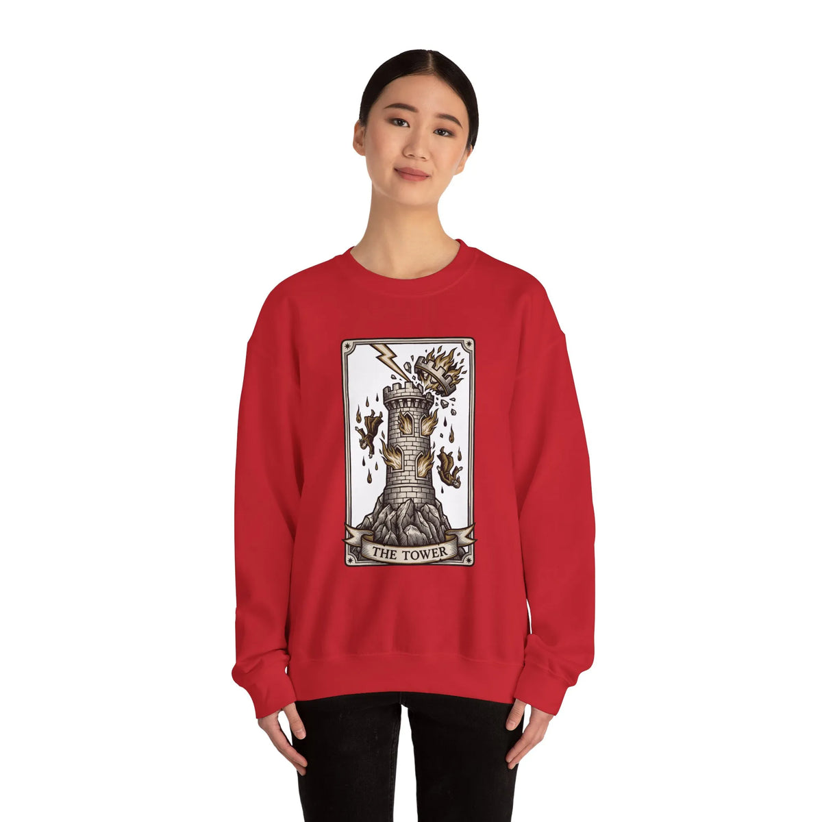 The Tower Tarot Card Sweatshirt - Heavy Blend Fleece Crewneck - Unisex White