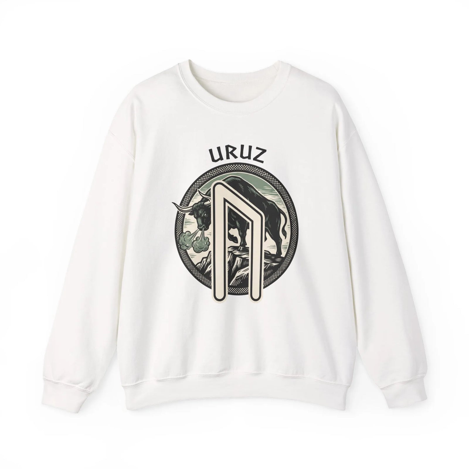 Uruz Rune Bull Norse Mythology Sweatshirt - Heavy Blend Cotton Poly Crewneck - Unisex White