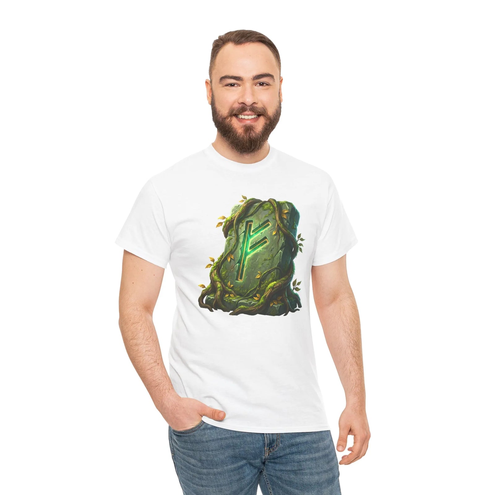 Fehu Rune Wealth Symbol T-Shirt - Heavy Cotton Classic Fit Tee - Unisex White