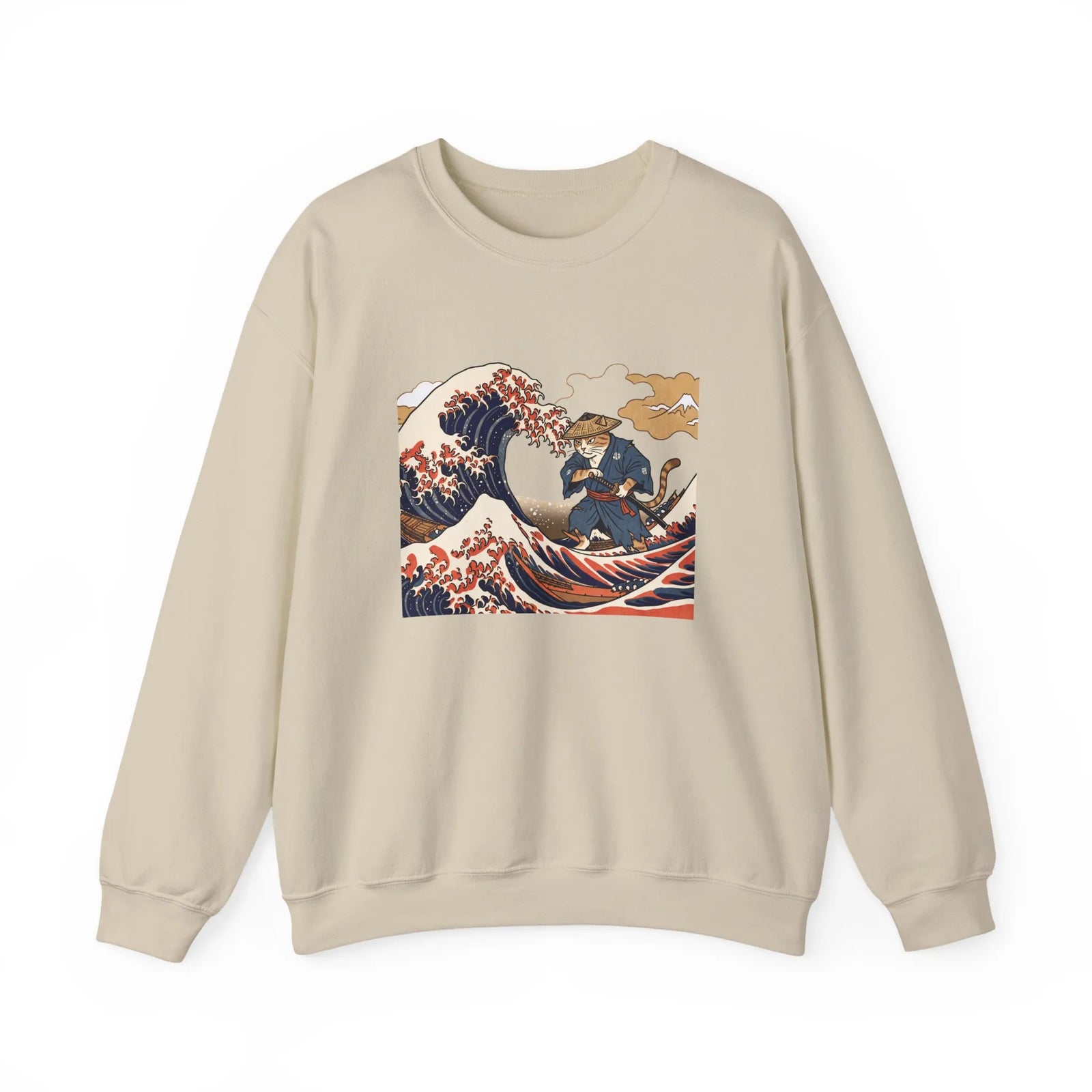 Ukiyo-e Samurai Cat Great Wave Sweatshirt - Heavy Blend Cotton Blend Crewneck - Unisex White
