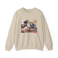 Ukiyo-e Samurai Cat Great Wave Sweatshirt - Heavy Blend Cotton Blend Crewneck - Unisex White