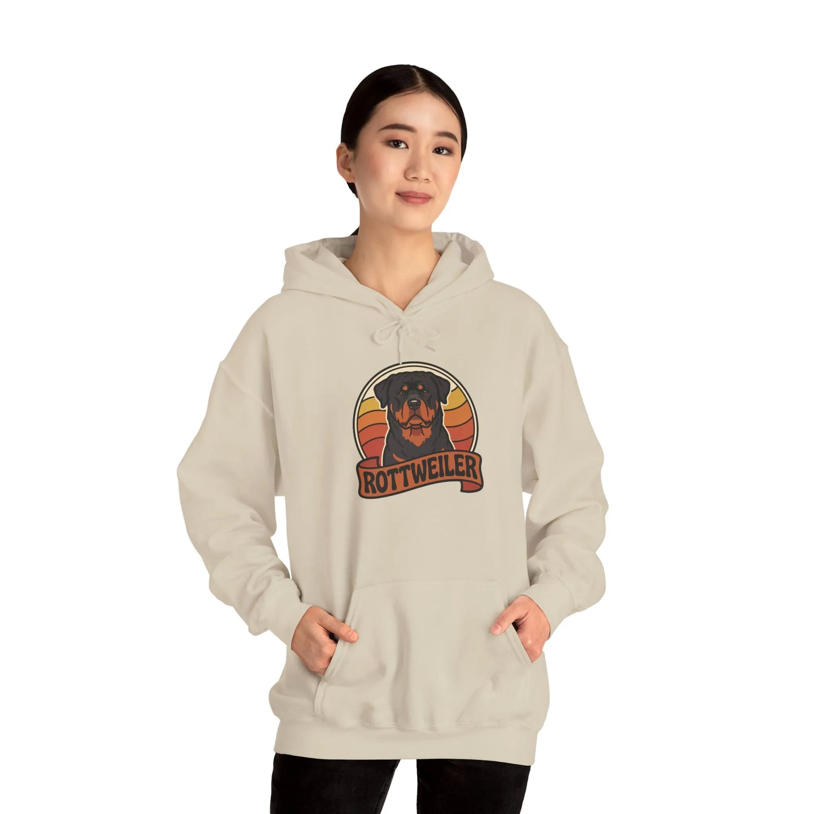 Rottweiler Retro 70s Sunset Hoodie - Soft Blend Classic Fit Pullover - Unisex White