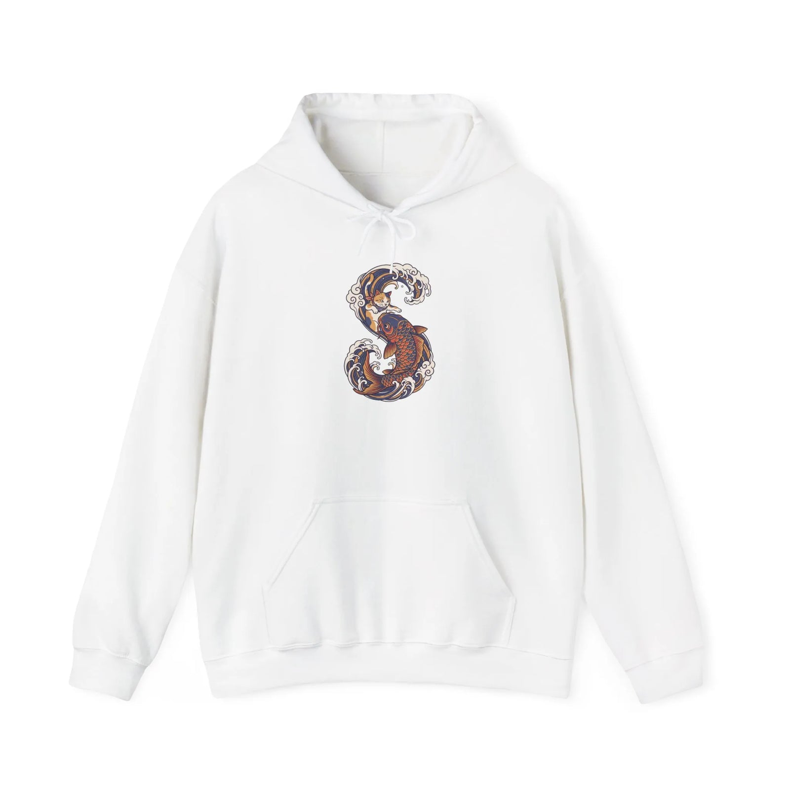 Ukiyo-e Samurai Cat Koi Rider Hoodie - Cozy Soft Blend Fleece Pullover - Unisex Off White