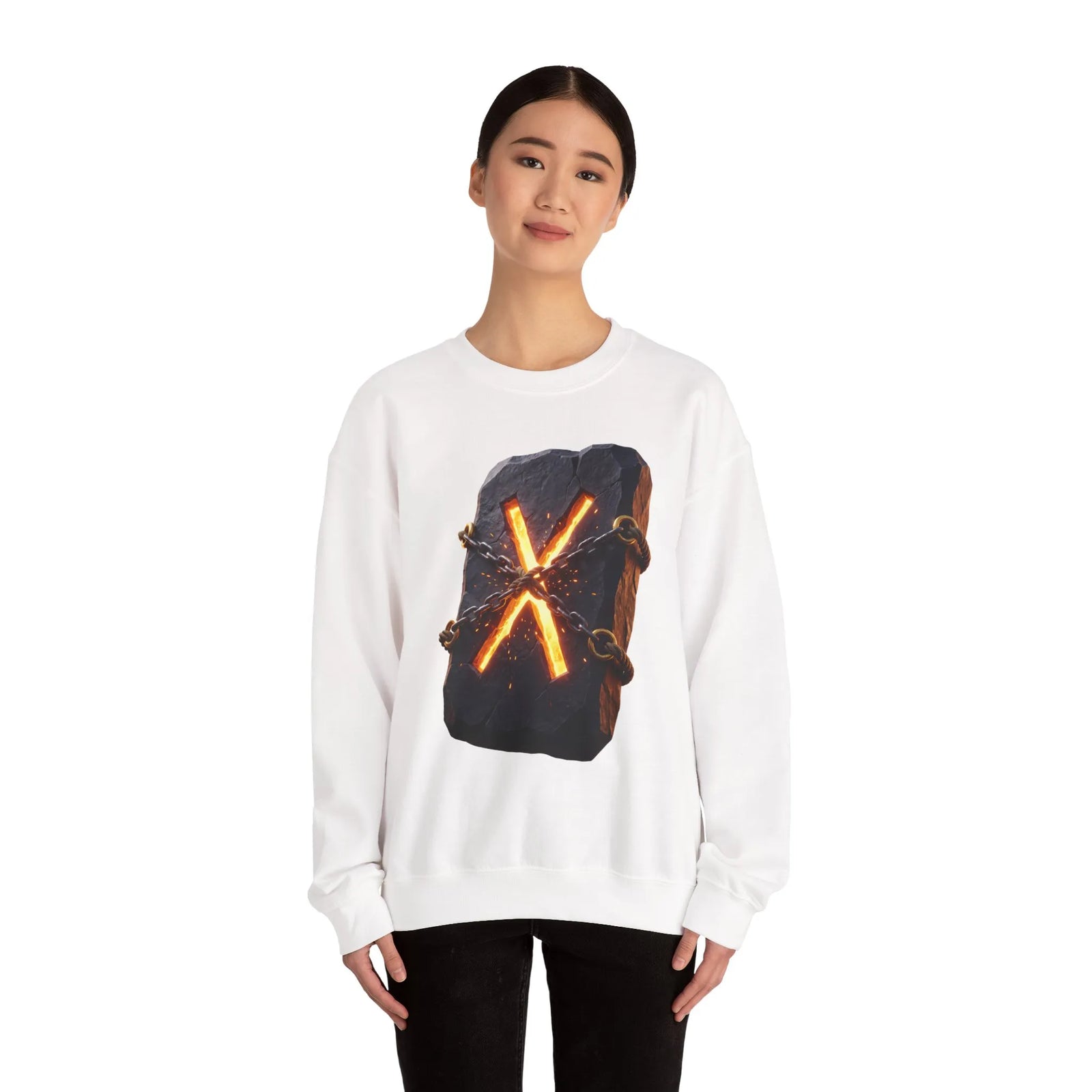 Gebo Rune Stone Graphic Sweatshirt - Medium Heavy Fleece Crewneck - Unisex White