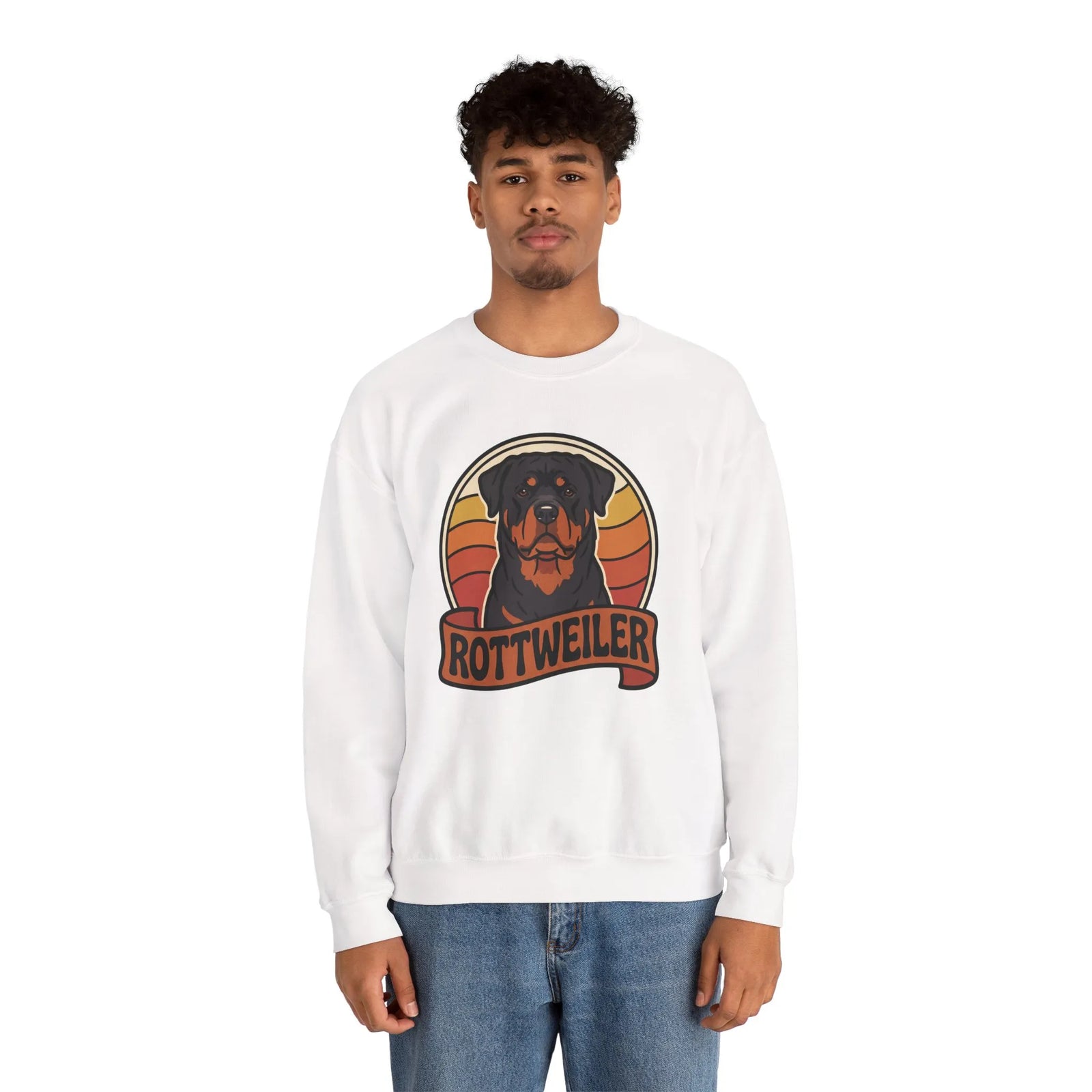 Rottweiler Retro Sunset Sweatshirt - Heavy Blend Fleece Crewneck - Unisex White