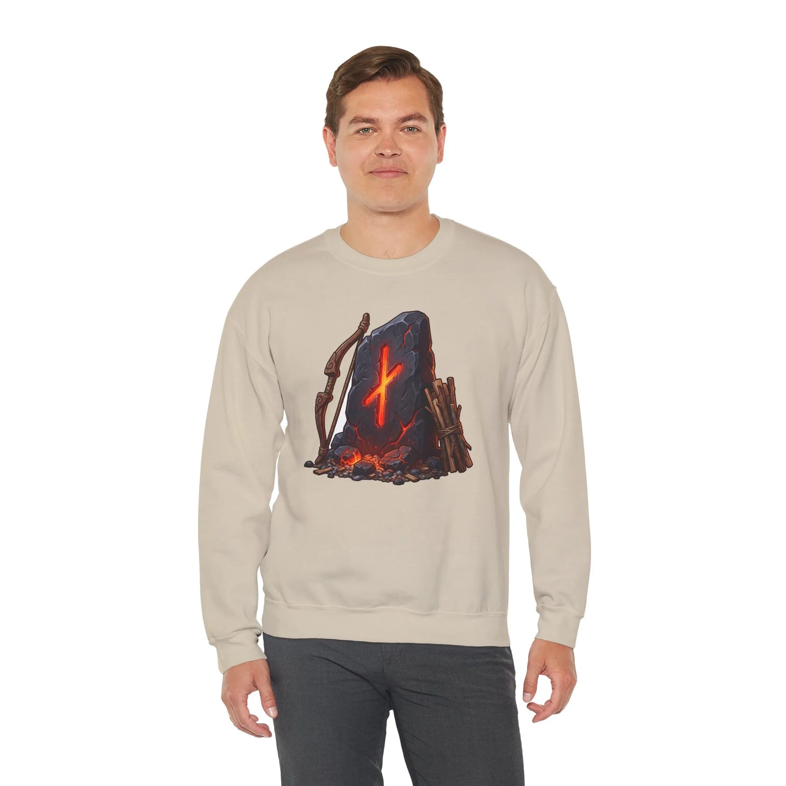 Nauthiz Rune Need-Fire Graphic Sweatshirt - Heavy Blend Crewneck Fleece - Unisex White