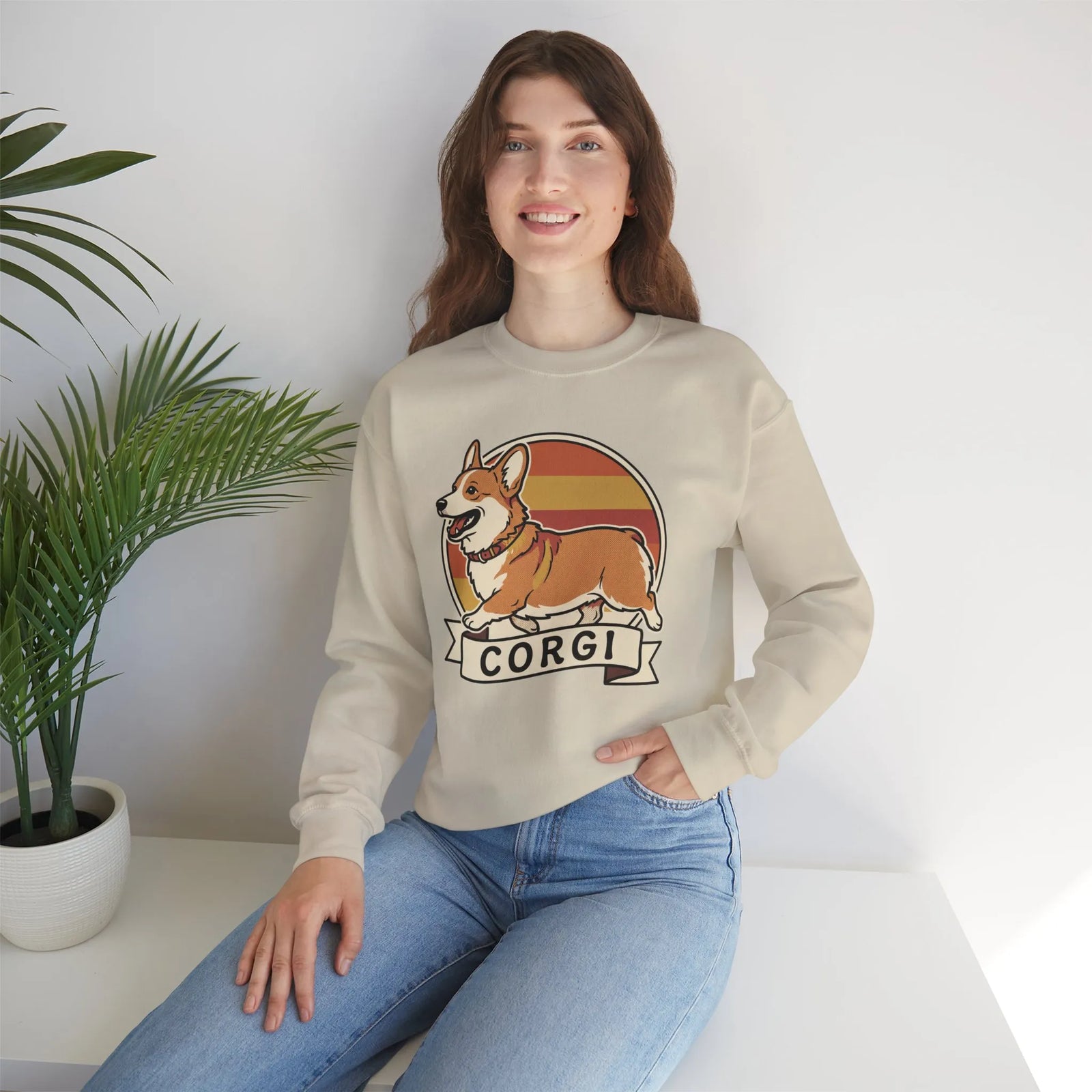 Retro 70s Sunset Corgi Sweatshirt - Classic Fit Cotton-Poly Crewneck - Unisex White