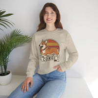 Retro 70s Sunset Corgi Sweatshirt - Classic Fit Cotton-Poly Crewneck - Unisex White