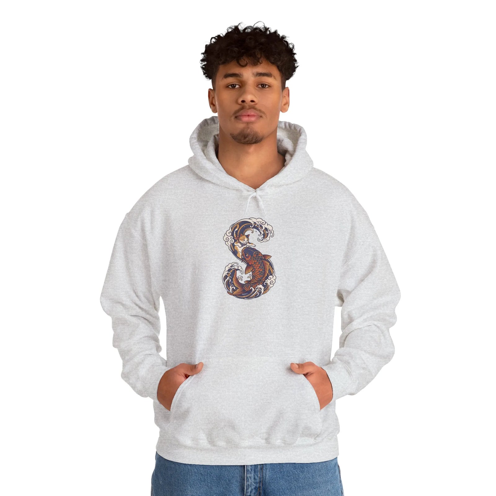 Ukiyo-e Samurai Cat Koi Rider Hoodie - Cozy Soft Blend Fleece Pullover - Unisex Off White