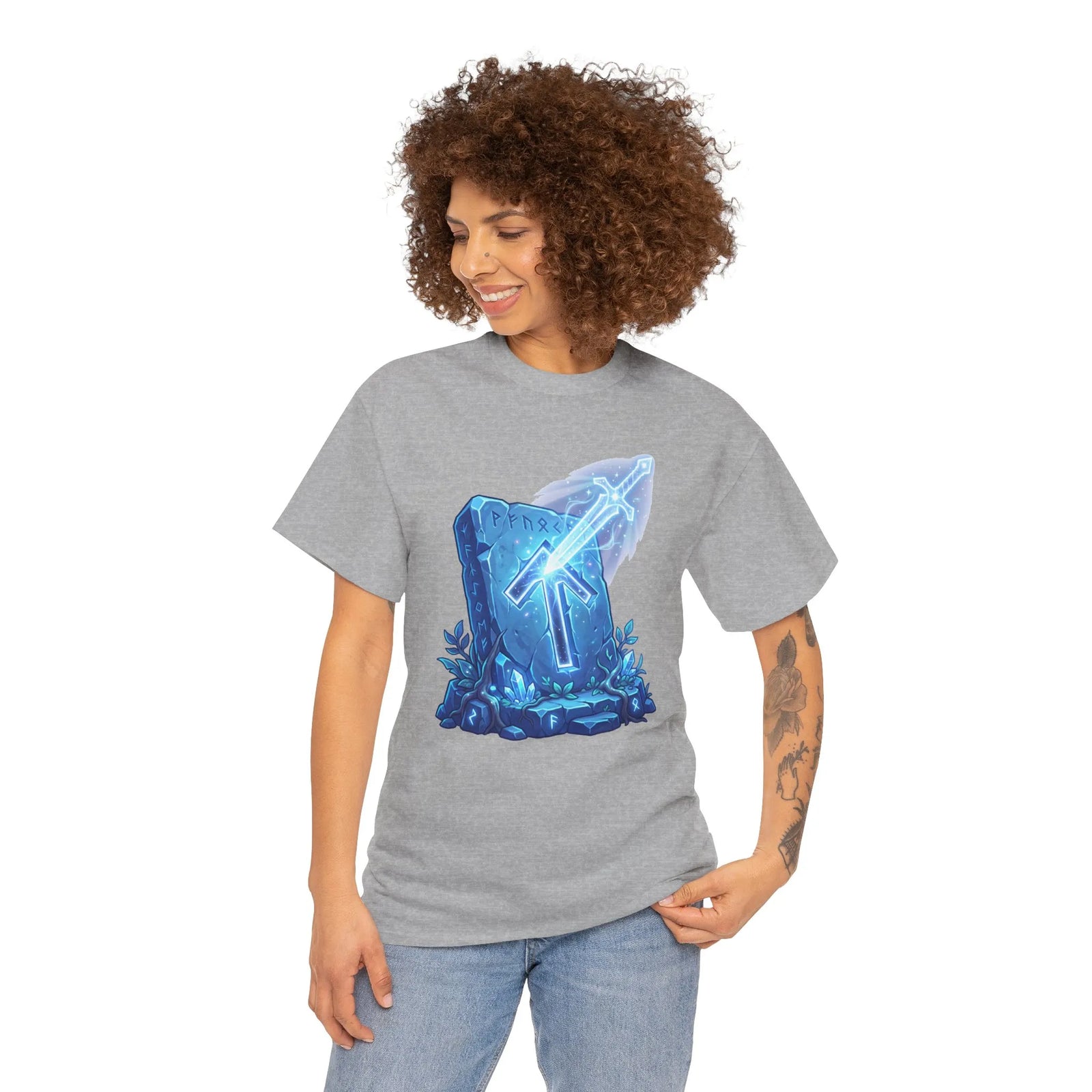 Tiwaz Tyr Sky Sword Graphic T-Shirt - Heavy Cotton Classic Fit Tee - Unisex White