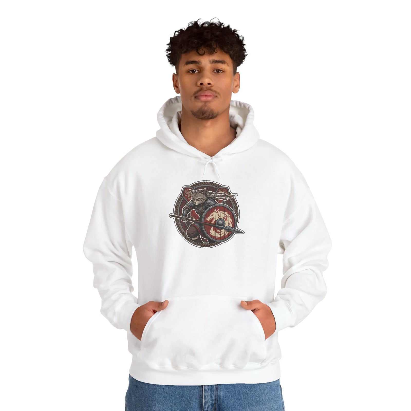 Viking Berserker Cat Shieldmaiden Hoodie - Heavy Blend Fleece Pullover - Unisex White