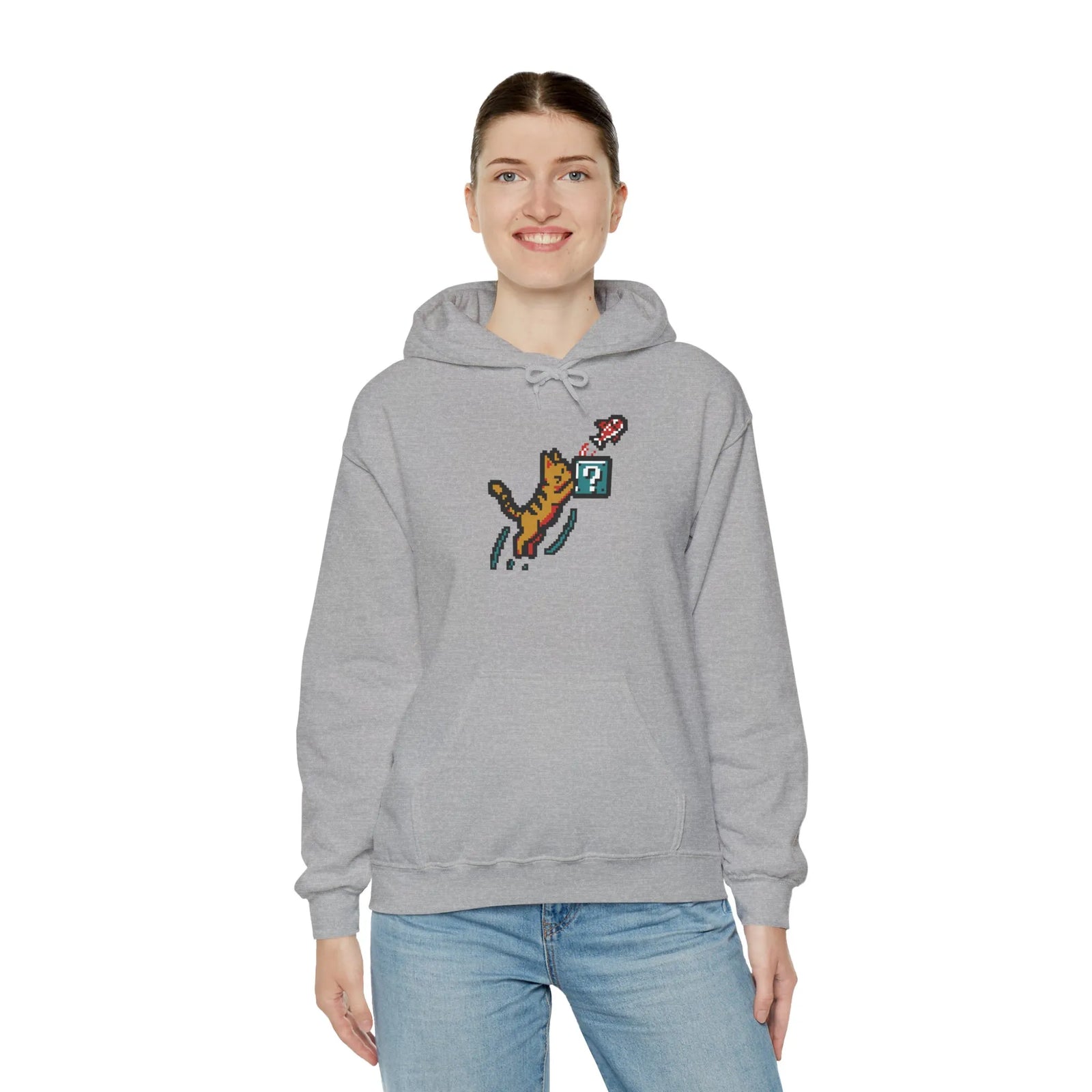 Power Up 8-Bit Pixel Gaming Cats Hoodie - Heavy Blend Fleece Pullover - Unisex White