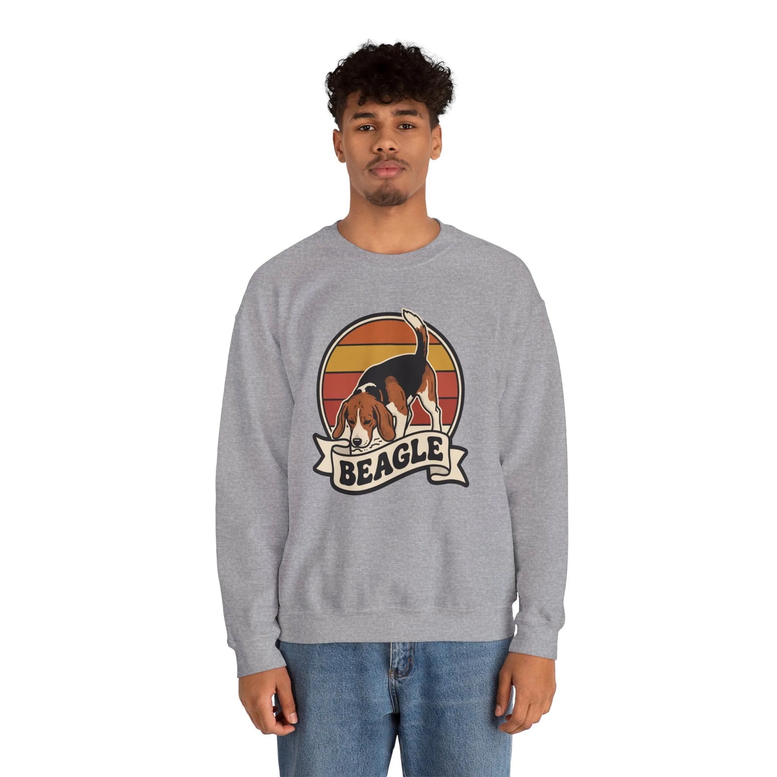 Beagle Retro 70s Sunset Graphic Sweatshirt - Heavy Blend Cotton Polyester Crewneck - Unisex White