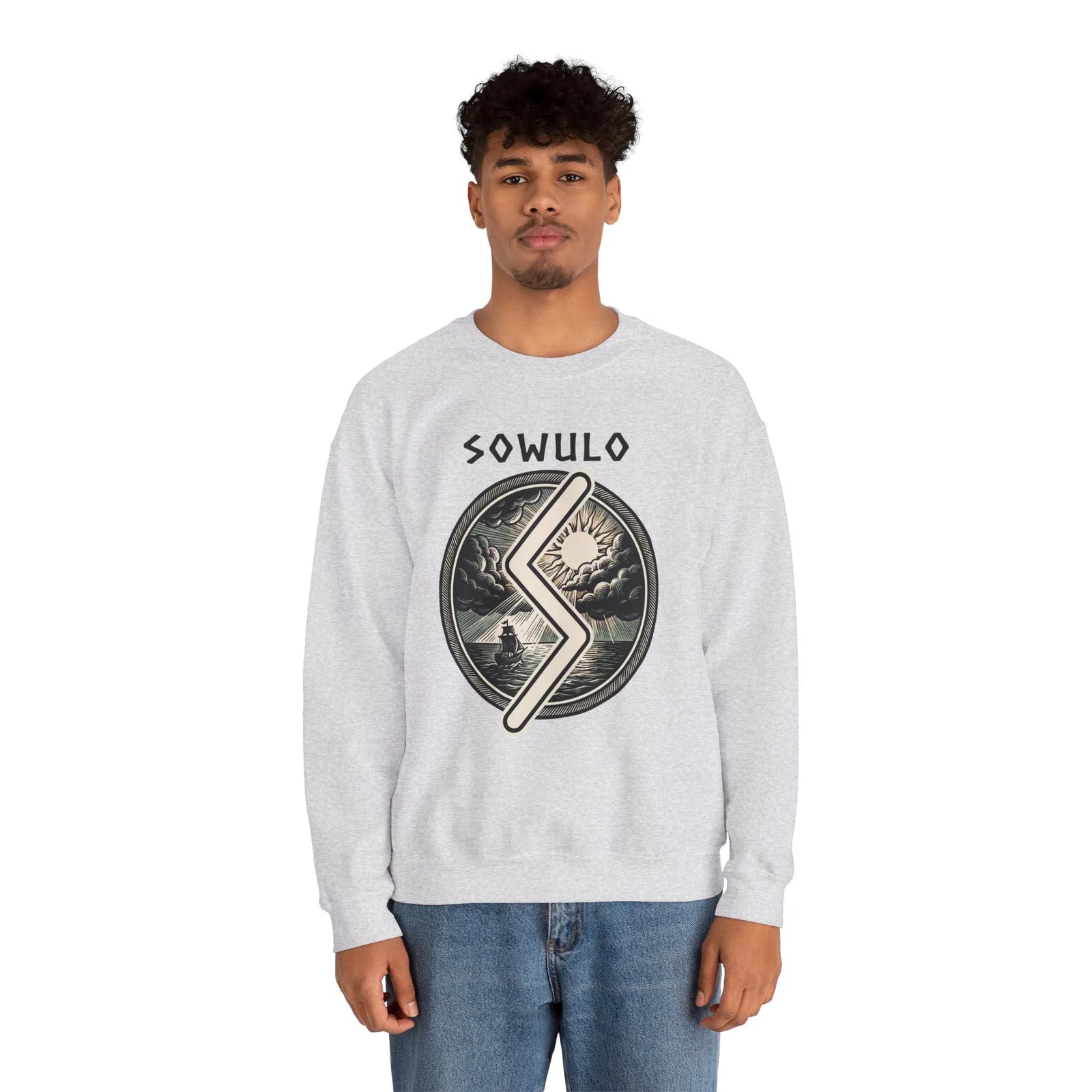 Sowulo Rune Sun Compass Sweatshirt - Heavy Blend Crewneck Fleece - Unisex White